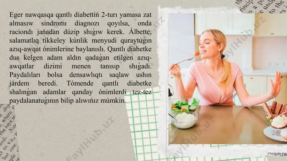 alıwına járdem beredi. balıq. balıq qant keselligine shalınǵan nawqaslar ushın eń paydalı ónimlerdiń biri. ol bay bolǵan omega-3 may kislotaları denedegi isiniwdi azaytadı. sonday-aq, kóbinese diabet penen baylanıslı asqınıwlar qáwipin azaytadı. qánigeler háptesine eki márte balıq jewdi usınıs etedi. zaytun mayı. eger qant keselligi álleqashan anıqlanǵan bolsa, fizikalıq belsendilik hám jer orta teńizi dietası eń nátiyjeli recept esaplanadı. dietanıń tiykarǵı quram bóleklerinen biri zaytun mayı bolıp, ol kóp toyınbaǵan maylarǵa hám antioksidantlarǵa bay, kletkalardı zıyanlanıwdan saqlaydı hám júrek keselliginiń aldın aladı. kletchatka (biriktiriwshi toqima). talshıqqa bay dieta qantlı diabettiń 2-toparın aldın alıwǵa járdem beriwi anıqlandı. keselliktiń aldı alınbasa da talshıqqa bay awqatlar glyukoza muǵdarın azaytıw qásietine ie. sobıqlılar. sobıqlı eginler quramı belok hám talshıqqa bay bolıp, olar qandaǵı qant muǵdarınıń keskin kóteriliwinen saqlaydı. eger úy sharayatında sobıqlı ónimlerdi pisiriw múmkin bolmasa, onda olardıń konservaların satıp alıw múmkin. tek ǵana paydalanıwdan aldın jaqsılap juwıwdı umıtpaw kerek. photo by anjali mehta on …