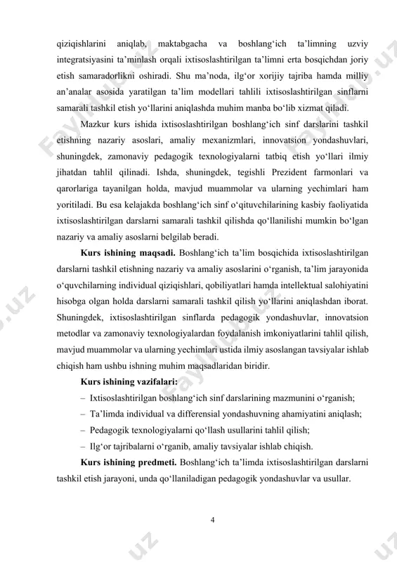 ondashuvlar masalalarini chuqur yoritganlar. masalan, professor r. mavlonova o‘zining izlanishlarida boshlang‘ich ta’lim jarayonida shaxsiy yondashuvning ahamiyati va o‘qituvchi kompetensiyasining ta’sirini ilmiy asoslab bergan. a. yo‘ldoshev esa ta’limni shaxsga yo‘naltirish orqali o‘quvchilarning ijodiy fikrlashini rivojlantirish masalalarini yoritgan. d. karimova tomonidan iqtidorli boshlang‘ich sinf o‘quvchilarini aniqlash va ular bilan individual ishlash metodikasi ishlab chiqilgan. so‘nggi yillarda o‘zbekiston respublikasi xalq ta’limi vazirligi (2021-yildan boshlab maktabgacha va maktab ta’limi vazirligi) huzuridagi innovatsion rivojlanish instituti, pedagogika fanlari ilmiy-tadqiqot instituti hamda respublika ta’lim markazi tomonidan ham boshlang‘ich sinflarda ixtisoslashtirilgan o‘qitishni joriy etish bo‘yicha ilmiy-uslubiy ishlanmalar, tavsiyalar, eksperimental maktablarda tajribaviy sinovlar olib borilmoqda. shuningdek, xalqaro miqyosda john dewey, howard gardner, lev vygotsky, jean piaget kabi psixolog va pedagoglar tomonidan ta’limning individuallashtirilishi, ko‘p qirrali intellekt nazariyasi, kognitiv rivojlanish bosqichlari asosida boshlang‘ich ta’limda ixtisoslashuvga asos yaratgan ilmiy ishlanmalar yaratilgan. ularning ishlari hozirgi kunda zamonaviy pedagogik texnologiyalarning nazariy asosi sifatida xizmat qilmoqda. demak, mavzu bo‘yicha bir qancha ilmiy ishlar amalga …
