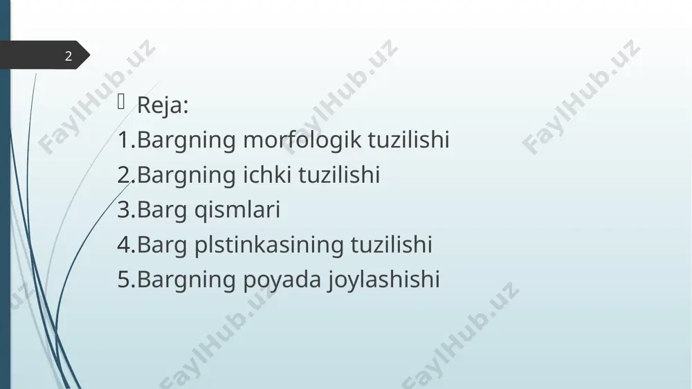 imon toʻqima va uning ostidagi gʻovak toʻqimadan tashkil topgan. b. eti hujayralari (ayniqsa ustunsimon toʻqima) b.ga yashil rang beruvchi xloroplastlarga boy. xloroplastlar ishtirokida hujayralarda fotosintez sodir boʻladi. b. etidan tomirlar oʻtadi. ular har xil shaklda boʻlib, sistematik ahamiyatga ega. 7 ikki pallali oʻsimliklar b. toʻrsimon yoki patsimon, bir pallalilar esa parallel yoki yoysimon tomirlangan. tomirlar yaproquchun tayanch sinch vazifasini oʻtaydi. tomirlar lub va yogʻochlik tolalaridan hamda oʻtkazuvchi va toʻrsimon naylardan iborat. oʻtkazuvchi naylar orqali suv va mineral oziq moddalar iddizdan barg mezofili hujayralariga toʻxtovsiz kelib turadi. 8 b. hujayralarida sintezlangan mahsulotlar tomirlardagi toʻrsimon naychalar orqali oʻsimlikning boshqa qismlari, ya’ni poya, ildiz, gul, mevalarga yetkazib beriladi. b. yuzasining keng boʻlishi uning karbonat angidridni faol qabul qilishi, koʻp miqdorda suv bugʻlatishi va kislorod ishlab chiqarishiga sabab boʻladi. maydondagi yashil oʻsimliklar bir kecha-kunduzda 150 – 500 kg karbonat angidridni oʻzlashtirib, 60 – 400 kg kislorod ajratadi va 100 t gacha suv bugʻlatadi. 9 …