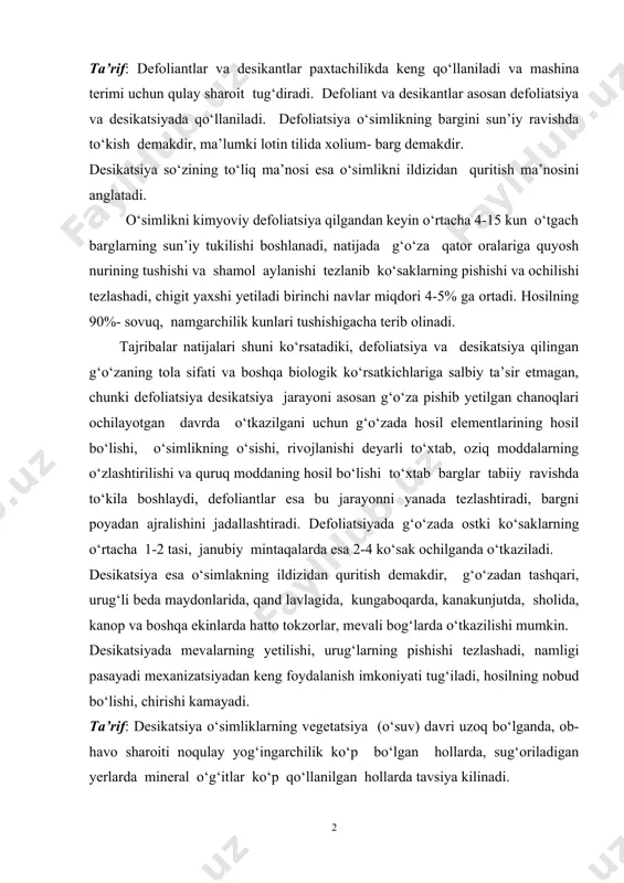 ning pishishi tezlashadi, namligi pasayadi mexanizatsiyadan keng foydalanish imkoniyati tug‘iladi, hosilning nobud bo‘lishi, chirishi kamayadi. ta’rif: desikatsiya o‘simliklarning vegetatsiya (o‘suv) davri uzoq bo‘lganda, ob-havo sharoiti noqulay yog‘ingarchilik ko‘p bo‘lgan hollarda, sug‘oriladigan yerlarda mineral o‘g‘itlar ko‘p qo‘llanilgan hollarda tavsiya kilinadi. desikatsiya ham o‘simlikda hosil to‘liq yetilganda barcha jarayonlar deyarli to‘xtaganda o‘tkazilsa maqsadga muvofik bo‘ladi. defoliatsiya va desikatsiya jarayonlari bir biriga bog‘liq jarayonlar bo‘lib, bir maqsadga hosilni yig‘ishtirishni mexanizatsiyalashtirishga qaratilgan bo‘ladi. defoliatsiya va desikatsiya paxtachilikda qisqa muddatlarda o‘tkazilib hosilni ham tez va qisqa muddatlarda yig‘ishtirib olish shu bilan birga kuzgi shudgorga o‘z vaqtida o‘tkazib kelgusi yil mo‘l hosili uchun imkoniyat yaratadi. defoliantlar, desikantlar nafaqat bargni to‘kib, o‘simlikni quritadi balkim ularda insektitsidlik, akaritsidlik hatto fungitsidlik xususiyatlari ham bo‘lib, defoliatsiya va desikatsiya qilingan maydonlarda hasharotlar, kanalar va ayrim kasalliklar miqdori 10-20% ga kamayadi. defoliant va desikantlardan magniy xlorati, kalsiy xlorat xloridi, reglon va boshqalar tavsiya etilgan. 1. magniy xlorati- mg(clo3)2 6*h2o rangsiz kristall modda, …