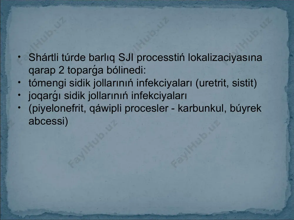 i jastaǵı balalarda) baqlanadı, sebebi: • sji manifestaciyası kishi jastaǵı balalarda specifikalıq emes (sji isitpa sebebi sıpatında ótkerip jiberiliwi múmkin). jana tuwılǵan balalarda sji bakteriemiya, meningit penen baylanıslı bolıwı múmkin. jana tuwılǵanlar hám kishi jastaǵı balalarda ideal taza sidik tek invaziv usıllar menen alınıwı múmkin: quwıqtıń transuretral kateterleniwi yamasa quwıq punkciyası • kóp sanlı kishi jastaǵı balalarda sidik jolınıń strukturalıq yamasa funkcional anomaliyaları bolıwı múmkin, bul búyrektiń jaraqatlanıwı, gipertenziya rawajlanıwı hám keselliktiń terminal basqıshı (surunkali búyrek jetispewshiligi) ushın qáwip faktorı bolıp esaplanadı. balanı alıp barıw taktikasın anıqlaw hám keselliktiń qaytalanıwınıń aldın alıw ushın rawajlanıw anomaliyası múmkin bolganınsha aldın anıqlanıwı kerek. hárbir bala ómiriniń dáslepki 2-3 jıllıǵında anıq emes bezgek penen yamasa sji birinshi epizodi menen rawajlanıw anomaliyasın biykarlaw kerek. anıq emes awırıwı bar hár bir balada sji bolıwı kerek hám bezgekke ushıraǵan barlıq balalarda sidikti tekseriw kerek. renal belgileri: sidiktiń ph>6,5; neytrofil leykocituriya; mikroproteinuriya (jasalma - leykocituriya esabınan hám haqıyqıy …