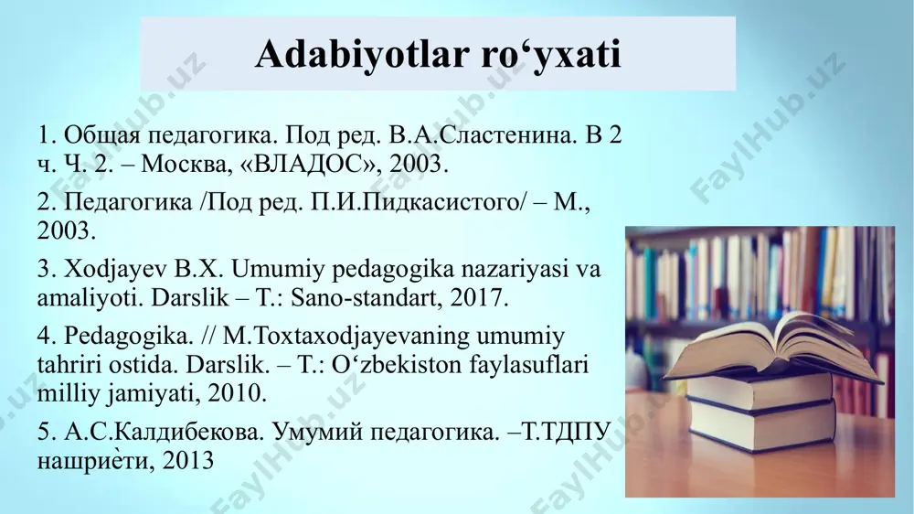 g mazmuni, o‘qitish qonuniyatlari, o‘qitish tamoyillari, metodlari, uning tashkiliy shakllari yoritiladi. yan amos komenskiy (1592-1670) pedagog – olimlar yillar davomida ta’lim tizimida nega o‘qitamiz? nimani o‘qitamiz? qanday o‘qitamiz? qaerda o‘qitamiz? kabi savollarga javob izladilar. didaktika “nimaga o‘qitish?”, “nimani o‘qitish?”, “qaerda o‘qitish?”, “qanday o‘qitish?” kabi savollarga javob beradi. ushbu holatga asosan 1990 yillarning o‘rtalarida ta’lim sohasiga oid nazariyalar va ularning asoschilari, o‘sha davr amaliy darslari va o‘qitish tarixi, talqin qilish kabilar bevosita ta’sir ko‘rsatadi. didaktikaning o’sib kelayotgan avlodga ijtimoiy tajribalarni, milliy va umuminsoniy madaniyatni tarkib toptirishga yo‘naltirilgan faoliyatning asosiu turi hisoblangan ta ’lim berishdir. ob’yekti o‘rgatish (o‘qituvchi faoliyati) va o‘rganish (o‘quvchilarning bilish faoliyati), ularning o‘zaro harakati aks etadi. predmeti o‘qitish jarayoni pedagogning o‘rgatuvchilik faoliyatini va o‘quvchilarning maxsus tashkil etilgan bilish faoliyatini o‘z ichiga oladi. shu o‘rinda bu jarayonlarning tahliliga e’tibor qarataylik. ta’limda o‘qituvchining boshqaruvchilik roli o‘z kasbining ijtimoiy asoslaridan kelib chiqib, ajdodlarining boy tajribasini, insoniyatning asrlar davomidagi bilish, mehnat, muloqot, umumiy …
