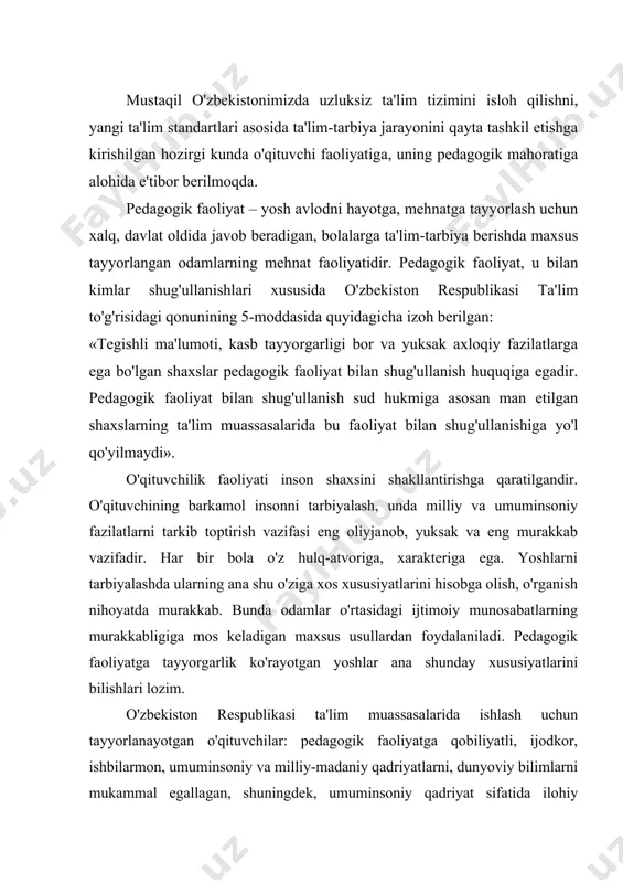 ningdek, umuminsoniy qadriyat sifatida ilohiy ilmlardan ham xabardor, ma'naviy barkamol, o'zbekistonning mustaqil davlat sifatida ravnaq topishiga ishonadigan vatanparvarlik, fuqarolik burchini anglagan, ixtisosga doir bilimlar, ko'nikmalarni, ijtimoiy-gumanitar bilimlarni, psixologo-pedagogik, metodik bilim va ko'nikmalarni mukammal egallagan, o'qituvchilik kasbini va bolalarni yaxshi ko'radigan, insonparvar, talabchan, adolatli, pedagogik odobli, erkin va ijodiy fikrlay oladigan, har bir shogirdi ulg'ayib yaxshi odam bo'lishiga ishonadigan, ularning barkamol shaxs, ishbilarmon bo'lib etishishlariga ko'maklashadigan kishi bo'lmog'i kerak. yuqoridagi vazifalarni bajarish uchun o'qituvchilar tayyorlash va ularning malakasini oshirish tizimini yanada takomillashtirishni taqozo qiladi. 19.2. muhandis-pedagogining pedagogik qobiliyatlari. qobiliyat-shaxsning muayyan faoliyat yuzasidan layoqati va uning ishini muvaffaqiyatli bajarishdagi sub‘ektiv shart-sharoitini ifodalovchi individual psixik xususiyatlaridir. pedagogik faoliyatning samarali bo‘lishi uchun o‘qituvchida qobiliyatning quyidagi turlari mavjud bo‘lmog‘i va tarbiyalanmog‘i lozim: 1. bilish qobiliyati - fanning tegishli sohalariga oid (matematika, fizika, iqtisod, adabiyot va hakozolarga doir) qobiliyatlardir. bunday qobiliyatga ega bo‘lgan o‘qituvchi fanni o‘quv kursi hajmidagina emas, balki ancha keng va chuqurroq biladi, o‘z …