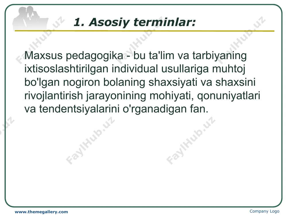 ksion - tuzatish) - bu bolalarning psixofizik rivojlanishidagi kamchiliklarni, ham individual nuqsonlarni (nutq, ko'rish, eshitish) tuzatishga yoki zaiflashtirishga, shuningdek ijobiy natijaga erishish uchun shaxsga yaxlit ta'sir ko'rsatishga qaratilgan pedagogik chora-tadbirlar tizimi. g'ayritabiiy bolaning ta'lim, ta'lim va rivojlanishi jarayonida natija. korreksiya va tarbiyaviy ish - bu umuman bola shaxsining g'ayritabiiy rivojlanishining turli xususiyatlariga, shu jumladan bolaning atrofidagi dunyo haqidagi g'oyalarini boyitish, o'z-o'ziga xizmat qilish ko'nikmalarini rivojlantirish va bolaning shaxsiyatini tuzatishga qaratilgan kompleks pedagogik ta'sir choralari tizimi. butun ta'lim jarayonidagi nuqsonlar. company logo kompensatsiya (lot. compensatio - kompensatsiya, muvozanatlash) - tanadagi buzilishlar yoki rivojlanmagan funktsiyalarni almashtirish yoki qayta qurish. bu tug'ma yoki orttirilgan anomaliyalarga javoban tananing moslashish jarayoni (ko'r odamlar dunyoni eshitish va teginish organlari orqali idrok etadilar; ba'zi oyoq-qo'llarning rivojlanmaganligi boshqa organlarning ko'proq farqlanishi bilan qoplanadi. company logo www.themegallery.com company logo norma va anomaliya company logo www.themegallery.com • norm – (lotincha “norma”) – yetakchi tamoyil, qoida, model; belgilangan oʻlchov, biror narsaning …