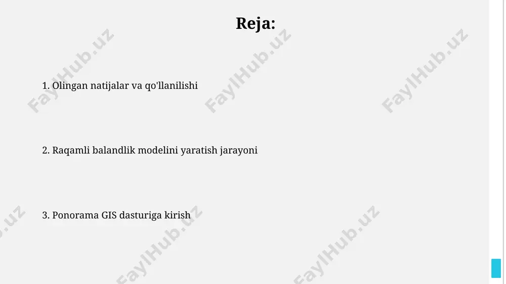 hqa platformalarga import qilish orqali dunyoning istalgan nuqtasidan 3d vizualizatsiyani kuzatish imkoniyati mavjud. dem tushunchasi va ahamiyati demlar geologik jarayonlarni, 30 metrli çözünürlükte toshlarning eroziya darajasini va suv havzalari hajmini aniqlash kabi, atrof-muhit monitoringi va tabiiy ofatlarni bashorat qilish uchun ishlatiladi. masalan, toshkent shahri atrofida sel xavfini baholashda. dem, yoki raqamli balandlik modeli, yer yuzasining uch o'lchovli tasviri bo'lib, masalan, o'zbekistonning farg'ona vodiysidagi 1 metrli piksel o'lchamli ma'lumotlarni o'z ichiga olishi mumkin va topografiya tahlillari uchun muhim ahamiyatga ega. nuqta bulutlaridan foydalanish 20 sm dan kam piksel o'lchamidagi yuqori aniqlikdagi demlarni yaratish uchun dronlardan olingan 5 million nuqtadan ortiq bulutlardan foydalanish mumkin. nuqta bulutlari tarkibidagi 3d koordinatalar (x, y, z) va rang ma'lumotlaridan foydalanib, samarqand viloyatining tog'li hududlarining relyefini aniq aks ettiruvchi dem modellari hosil qilish imkoniyati mavjud. modelni eksport qilish formatlari ponaroma gis da 3d dem eksport qilishda 10 dan ortiq formatlar, jumladan, geotiff (8 bitli va 16 bitli), …