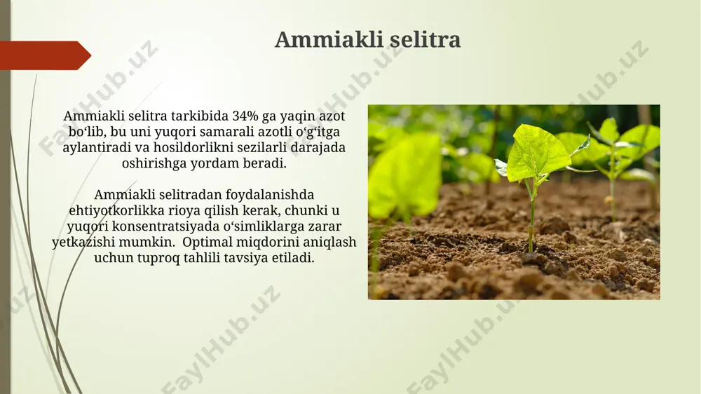 tli o'g'itlar o'simliklarning vegetativ o'sishini 30-50% ga oshiradi, bu esa hosildorlikning sezilarli darajada oshishiga olib keladi, lekin ortiqcha qo'llanilishi salbiy ta'sir ko'rsatishi mumkin. o'g'itlarning ahamiyati o'g'itlar, xususan, azotli o'g'itlar, hosildorlikni 15-25% ga oshirishga qodir bo'lib, dehqonchilikda samaradorlikni sezilarli darajada yaxshilaydi. o'g'it tarkibidagi azot miqdori, masalan, ammiakli selitra (34%) yoki karbamid (46%) kabi, o'simliklarning o'sishi va rivojlanishi uchun zarur bo'lgan elementlarning miqdorini aniqlaydi. azotli o'g'itlar turlari urea formaldegid (uf) kabi sekin eriydigan azotli o'g'itlar, azotning asta-sekin chiqarilishi tufayli, tuproqda uzoqroq muddat davom etadi va o'simliklar uchun uzoq muddatli ta'minotni ta'minlaydi, taxminan 60-90 kungacha. azotli o'g'itlarning asosiy turlari ammiakli selitra (34% n), karbamid (46% n) va ammoniy sulfat (21% n) hisoblanadi, ularning har biri turli xil o'simliklar uchun mos keladi. tuproqning azotga bo'lgan ehtiyojini aniqlash tuproq tahlillari orqali aniqlanadigan nitrat (no₃⁻) va ammiak (nh₄⁺) miqdori, o'simliklarning azotga bo'lgan ehtiyojini taxmin qilishga yordam beradi, bu esa 100 kg hosil uchun kerakli azot miqdorini …