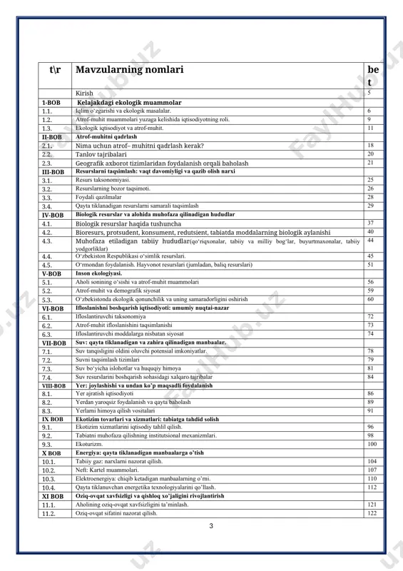 b atrof-muhit muhofaza qilish, tabiiy resurslardan oqilona foydalanish 13.1. tabiatnimuhofaza qilish va tabiiy resurslardan foydalanishni nazorat qilish 138 13.2. tabiatdan foydal foydalanishni boshqarishning iqtisodiy usullari 140 13.3. tabiatni muhofaza qilishning tashkiliy-huquqiy asoslarini takomillashtirish 142 foydalanilgan adabiyotlar 148 kirish inson tabiat bilan hamisha uzviy aloqadorlikda yashaydi. insonning hayotini tabiatdan, tabiiy boyliklardan ayricha holda tasavvur etish mumkin emas. ma’lumki, tabiatda inson hayoti va jamiyat taraqqiyoti uchun zarur bo‘lmagan va muhim ahamiyat kasb etmaydigan narsaning o‘zi yo‘q. nafas olinadigan havo, ichiladigan suv, sanoat va qishloq xo‘jaligi uchun zarur bo‘lgan resurslar, tabiiy zaxiralar - neft, gaz, yoqilg‘i, har xil ma’danlar bo‘lmasa, inson yashay olmaydi. ishlab chiqarish qurollarini yaratish, moddiy va ma’naviy boyliklarni, ilm-fan, madaniyat, ma’naviyat va ma’rifatni yuksaltirish uchun kerak bo‘ladigan jamiki tabiiy boyliklarni odamzot tabiatdan oladi. tabiat o‘z navbatida, inson uchun tabiiy boyliklar manbaidir. mamlakatimizda “atrof muhit hamda resurslar iqtisodiyoti” fanining rivojlanishi mustaqillik yillariga to‘g‘ri keldi. aynan, markazlashgan iqtisodiyotdan bozor iqtisodiyoti tizimiga o‘tilishi …