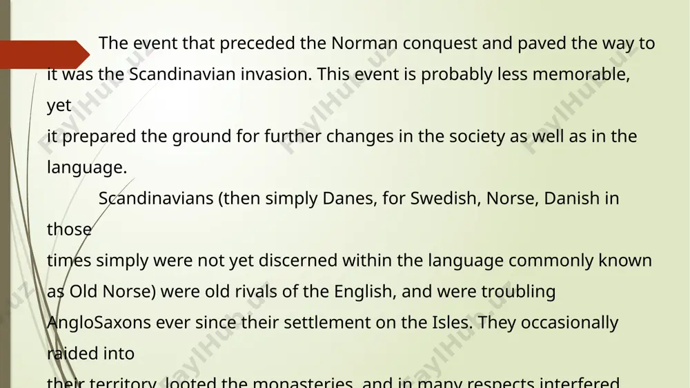 ngland they had undergone a powerful influence of french culture. mixing with the local population, they adopted the french language and in the mid- eleventh century, in spite of their scandinavian origin, they were bearers of french feudal culture and of the french language. in 1066 king edward the confessor died. william, duke of normandy, who had long claimed the englian throne, assembled an army with the help of norman barons, landed in england, and routed the english troops under king harold near hastings on october 14, 1066. in the course of a few years, putting down revolts in various parts of the country, the normans became masters of england. the ruling class of anglo- saxon nobility was replaced by norman barons, who spoke french, namely, its norman dialect. thus, as a result of the conquest england came to be a foreign ruling class. william confiscated the estates of the …