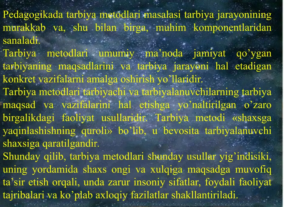 kin. 1. falsafaning, undan so’ng pedagogikaning har qanday metodi (jumladan, tarbiya metodlari ham) haqiqatni bilish va uni o’zgartirish yo’li sifatida talqin etildi. 2. o’quvchini tarbiyalash jarayoni alohida murakkab faoliyat bo’lib, uning markazida bola xulqi, dunyoga va odamlarga munosabati, murakkab ichki dunyosi, yosh va o’ziga xos xususiyatlari bilan, maxsus va stixiyali tarzda egallagan bilim va tajribalari bilan ajralib turuvchi shaxs yotadi. tarbiya metodlari 3. tarbiya metodlari yuqoridagilar bilan birga tarbiya jarayonining murakkab komponenti hisoblanib, u tarbiya maqsadi, mazmuni, shuningdek, tarbiyachi oldiga qo’yiladigan vazifalarni hal etishga yo’naltirilgan. tarbiya metodlari o’z o’rnida tarbiyalanuvchi shaxsining shakllanishida uning barcha o’ziga xos tomonlarini hisobga olishi kerak: tarbiyalanuvchining tarbiyalanganlik darajasi, kelajakdagi rivojlanishi va keyingi turmush tarzidagi o’rni hisobga olinishi zarur. 4. tarbiya jarayoni shaxs shakllanishi kabi turli qarama-qarshiliklardan iborat bo’lib, tarbiya metodlari shaxs faoliyatidagi o’zgarishlarni korrektirovka qiladi, noqulay sharoit va stixiyali ta’sir tufayli yuzaga kelgan salbiy qarashlar, usullarni, sifatlarni tuzatish bilan ham shug’ullanadi. tarbiya metodlari quyidagi guruhlarga …