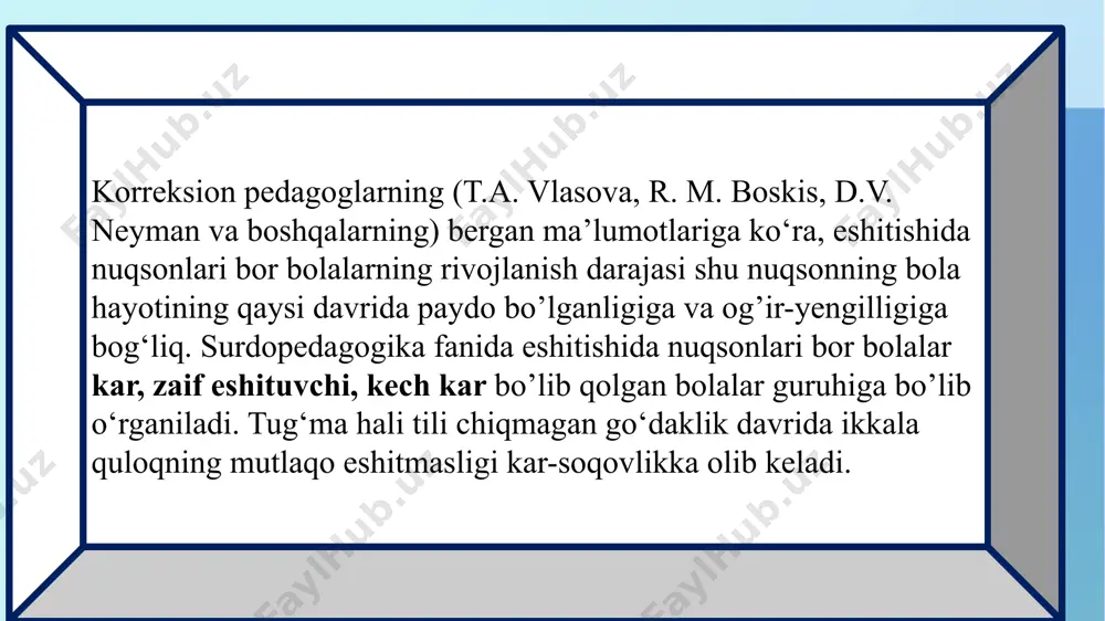 yordamida idrok etiladi. zaif eshitish - har ikkala quloq bilan eshitishning pasayishi. unda nutqni idrok etishda qiyinchiliklar yuzaga keladi, biroq ovoz kuchaytirilganda uni idrok etish mumkin bo’ladi. kech kar bo’lganlar - nutqni egallaganidan keyin, ya’ni 2-3yoshda qandaydir kasallik yoki jarohat oqibatida eshitish qobiliyatini yo‘qotgan bolalar. bunday bolalarda eshitish qobiliyatining yo'qotilishi turlicha: total, yoki karlikka yaqin, yoki zaif eshitadigan bolalarda kuzatiladiganiga yaqin bo’ladi. bolalarda ko‘plab tovushlarni eshitmagani yoki buzuq holda eshitgani, ularga nima deyishganini tushunmaganligiga og’ir psixik reaksiya paydo bo’lishi mumkin. ba’zan bu bolaning har qanday muloqotdan to’liq bosh tortishiga, hatto psixik (ruhiy) kasallikka olib keladi. eshitish patologiyasini keltirib chiqaradigan sabab va omillarning 3-guruhi 1-guruhi nasliy xarakterga ega. bu kabi sabablar eshitish analizatori strukturasida buzilishlarga va nasliy karlikning rivojlanishiga olib keladi. nasliy karlik yoki zaif eshitish organizmdagi boshqa a’zolar va tizimlardagi anomaliyalar (ko‘rish a’zolarining kasallanishi, suyak-mushak, asab tizimi, endokrin tizim patologiyasi va sh.k.) bilan birga kechishi mumkin. ota-onalardan biri nasliy karlik …