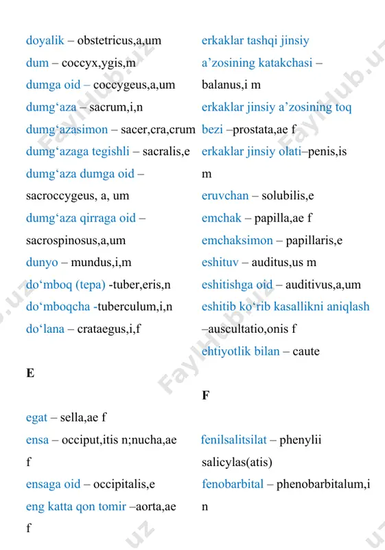 ‘ –zona,ae,f kamarga oid – zonalis,e kamfora – camphora,ae,f kamqonlik – anaemia,ae,f karbolen – carbolenum,i,n kanal – canalis,is,m kapsula kesikka oid – incisivus,a,um kesma – incisura,ae,f kichik miyaga oid – cerebellaris,e kirish – aditus,us, kichik boldir suyagi – fibula,ae,f kichik boldir suyagiga oid fibularis,e kirish (teshik) – ostium,i,n kichikroq – minor,us kindikka oid – umbilicalis,e kiprik – cilium,i,n kuydirilgan – ustus,us,m kurak – scapula,ae,f kurtak – gemma,ae,f kurak suyagining yelka o‘sig‘i – acromion,i,n klitor (ayollarda erkak tashqi jinsining a’zosining qoldig‘i) – clitor,idis,f ko‘z kosasi – orbita,ae,f ko‘k zangori –coeruleus,a,um ko‘knori – papaver,eris,n ko‘krak – pectus,oris,n; sternum,i,n ko‘krakka oid – pectoralis,e ko‘krak bezi – mamma,ae,f ko‘k tomir, vena – vena,ae,f ko‘krak qafasi – venosus,a,um ko‘krak qafasiga oid – thoracicus,a,um ko‘rishga oid – opticus,a,um ko‘rsatkich barmoq – index,icis,m ko‘tariluvchi – abcendens,entis ko‘tariluvchi mushak –m.levator,oris ko‘z yoshi – lacrima,ae,f ko‘z yoshiga oid – lacrimalis,e kust – trochanter,eris,m ko‘z qorachig‘i – pupilla,ae,f ko‘rish – …