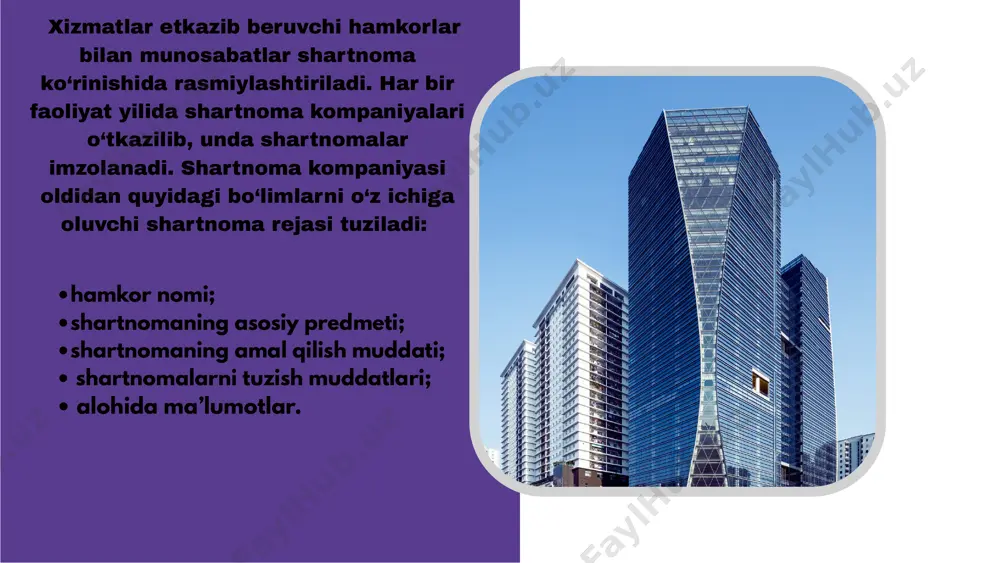 qilib qaror qilishning bir bosqichi boshqasiga o‘tadi? shartnoma tuzish vositalari qanday tayyorgarlik bosqichida turibdi? shartnoma loyihasi va turistlarning kelish grafiklarini kim tayyorlaydi? qo‘shimcha xizmatlar bo‘yicha masalalar qanday kelishiladi? ularni shartnomaga darhol qo‘shish kerakmi yoki yo‘qmi? shartlar shartnoma matniga qo‘shiladi, muzokaralar davomida esa ular yo qoldiriladi yoki olib tashlanadi. 3.muzokaralar bo‘yicha sizning hamkoringiz «portreti» - hamkor maqsadlari sizning maqsadlaringizdan qanchalik farq qiladi? hamkor strategiyasi qanday parametrlarga (muddatlar, xizmat ko‘rsatish darajasi, xizmatlar to‘plami) asoslanadi? ushbu tavsiyanomalarni qo‘llab turib, muzokaralar boshlanishidan avval uni olib borish rejasini tuzib olish lozim. bu sizning zaif tomonlaringizni aniqlash va qo‘shimcha yechimlarni topishga yordam beradi. muzokaralarni olib borish rejasi sizga hamkorlar munosabatini oldindan bilish imkonini beradi va oldindan alternativ taklif va qarorlar tayyorlashga yordam beradi. istalgan muzokaralarda nafaqat strategik yondashuv, balki psixologik tayyorgarlik ham zarur bo‘ladi. siz muzokaralarga tayyorlandingiz va natijada, turistlarga xizmat ko‘rsatishda xizmat yetkazib beruvchilar bilan shartnoma tuzildi. strategik reja tayyor. ammo siz psixologik tomondan bunga …