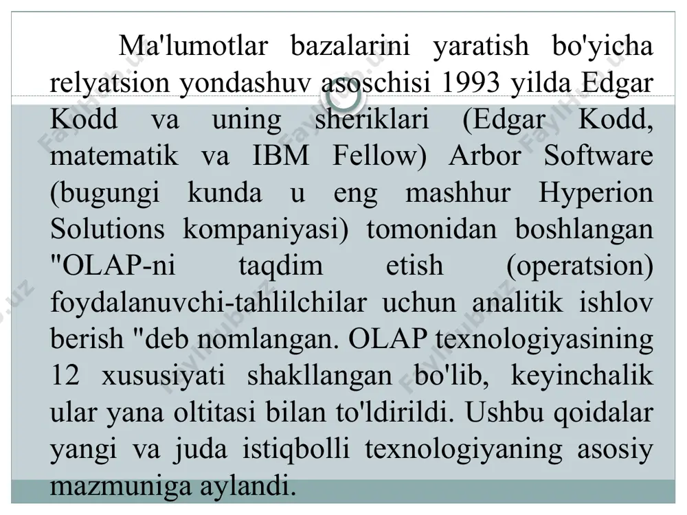 do tahlilining teskarisidir. ko'pgina korxonalar komponentlar va materiallarni etkazib beruvchilardan sotib olishadi. savdogarlar tovarlarni qayta sotish uchun sotib olishadi. xaridlarni tahlil qilishda naqd pulni avvalgi tajribaga asoslanib rejalashtirishdan tortib to ko'plab vazifalar mavjud menejerlar ustidan nazoratetkazib beruvchilarni tanlash. 3. narxlar. xaridlarni tahlil qilish bozor narxlari tahlili bilan chambarchas bog'liq. ushbu tahlilning maqsadi xarajatlarni optimallashtirish, eng foydali takliflarni tanlashdir. 4. marketing. marketing tahlili deganda biz faqat xaridorlarni yoki xizmatlarni iste'molchilar-iste'molchilarini tahlil qilish sohasini tushunamiz. ushbu tahlilning vazifasi mahsulotni to'g'ri joylashishi, maqsadli reklama uchun xaridorlar guruhlarini aniqlash va assortimentni optimallashtirishdir. bu holda olap-ning vazifasi foydalanuvchiga ma'lumotlarni tahlil qilish jarayonida intuitiv ravishda paydo bo'ladigan savollarga tezda, fikr tezligi bilan javob beradigan vosita bilan ta'minlashdir. 5. omborlar. tovar turlari, omborlar kontekstidagi zaxira qoldiqlari tarkibini tahlil qilish, tovarlarning yaroqlilik muddatini tahlil qilish, qabul qiluvchi tomonidan jo'natilishini tahlil qilish va kompaniya uchun muhim bo'lgan boshqa ko'plab tahlil turlari, agar tashkilotda ombor hisobi mavjud bo'lsa. 6. naqd …