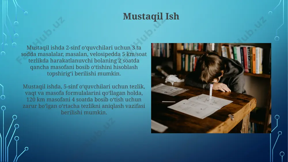 rliklar harakat tezligini hisoblashda masofa va vaqt qiymatlarini toʻgʻri birliklarda ifodalash kerak; masalan, 10 km/soat tezlikda 2 soatda 20 kilometr masofa bosib oʻtiladi. masalalarni hal qilishda berilgan ma’lumotlarni (masofa, vaqt, tezlik) aniq aniqlash va tegishli formulalarni (masofa = tezlik × vaqt) qoʻllash muhim ahamiyatga ega, ayniqsa 5-sinfda. so'z masalalarini tahlil qilish harakatga oid so'z masalalarida tezlik, vaqt va masofa o'rtasidagi bog'liqlikni (masofa = tezlik x vaqt) tushunish muhim hisoblanadi. masalani rasm yoki chizma orqali tasavvur qilish yordam beradi. murakkabroq masalalarda, masalan, ikki jismning harakati haqida bo'lsa, har bir jism uchun alohida tenglamalar tuzish va ularni birgalikda yechish talab etiladi. masalan, 2 ta avtomobil 100 km masofani qancha vaqtda bosib o'tadi? bir xil tezlikdagi harakat agar bir xil tezlikda harakatlanuvchi ikkita ob'ektning tezliklari ma'lum bo'lsa va ular orasidagi masofa ham ma'lum bo'lsa, ularning uchrashish vaqti va joyini aniqlash mumkin bir xil tezlikdagi harakat masalalari, masalan, 5 km/soat tezlikda 2 soat harakatlanayotgan …