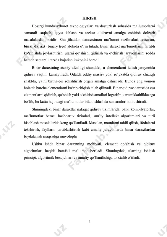 diruv tizimlari: tezkor qidiruv uchun binar qidiruv daraxti ishlatiladi. ma’lumotlar bazasi: indekslash jarayonida daraxtlardan foydalaniladi. fayl tizimlari: papka va fayllarni daraxtsimon tuzilmada saqlash. algoritmlar: tartiblash (sorting), qidiruv (searching) va tahlil (parsing) masalalarida. sun’iy intellekt: qaror qabul qilish daraxtlari (decision tree) orqali prognozlash va tahlil. xulosa qilib aytganda, binar daraxt – bu murakkab ma’lumotlarni samarali boshqarish va ulardan tezkor foydalanish imkonini beruvchi eng muhim ma’lumot tuzilmalaridan biridir. u algoritmlar nazariyasi va dasturlash amaliyotida o‘zining keng qo‘llanilishi bilan alohida ahamiyat kasb etadi. 6 2. binar qidiruv daraxti (bst) binar qidiruv daraxti (binary search tree – bst) – bu ma’lumotlarni tartibli joylashtirish, tezkor qidiruv, qo‘shish va o‘chirish amallarini bajarishga imkon beradigan maxsus binar daraxt turidir. oddiy binar daraxtdan farqli o‘laroq, bst ma’lum qoidalarga asoslanadi, ya’ni har bir tugun uchun chap qismdagi elementlar kichikroq, o‘ng qismdagi elementlar esa kattaroq qiymatlarga ega bo‘ladi. shu oddiy qoida tufayli bst algoritmlarda va amaliy dasturlashda keng qo‘llanadi. bst …