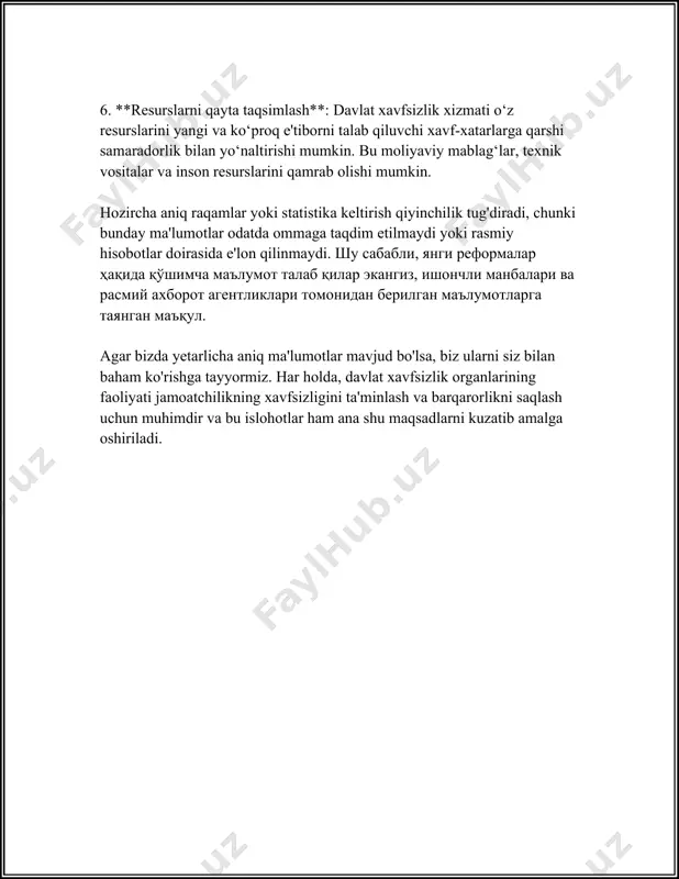 ik tizimlarining modernizatsiyasi nafaqat yangi texnologiyalarni qo‘llashni, balki mavjud infratuzilmalarni optimallashtirishni talab qiladi. yuqorida keltirilgan raqamlar va ma’lumotlar xavfsizlik tizimlaridagi joriy tendensiyalar va istiqbollarni tushunish uchun muhimdir. har bir tashkilot va davlat o‘z maqsadlariga erishishda zamonaviy xavfsizlik yondashuvlaridan foydalangan holda xavfsizligini ta’minlashi zarur. 3. favqulodda vaziyatlar bo'yicha yangi qonun hujjatlari "favqulodda vaziyatlar bo'yicha yangi qonun hujjatlari" haqida ma'lumotlar to'plami. favqulodda vaziyatlar bo'yicha yangi qonun hujjatlari o'zbekistonda so'nggi yillarda hukumat tomonidan qabul qilinayotgan muhim normativ hujjatlarni o'z ichiga oladi. ushbu hujjatlar favqulodda vaziyatlarga tayyorgarlik, javob berish va tiklash choralarini tartibga soluvchi qoidalarni belgilaydi. 2022-yilda qabul qilingan "favqulodda vaziyatlar to'g'risida"gi qonun o'zbekiston respublikasi hududida yuzaga kelishi mumkin bo'lgan tabiiy va texnogen favqulodda vaziyatlarning oldini olish, ular uchun tayyorgarlik ko'rish va oqibatlarini bartaraf etishga qaratilgan. ushbu qonun 15 ta bob va 85 ta moddadan iborat. u quyidagi asosiy yo'nalishlarni qamrab oladi: - favqulodda vaziyatlarni oldini olish va ularga tayyorgarlik: ushbu bo'limda tabiiy ofatlar, …