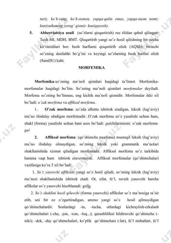 halari shakl yasovchi hisoblanadi. 3. so’z o’zgartiruvchi qo’shimchalar so’zning ma’nosiga umuman ta’sir etmaydi. so’z o’zgartiruvchi qo’shimchalar sintaktik munosabat (so’zlarni o’zaro biriktirish) uchun xizmat qiladi.so’z o’zgartiruvchi qo’shimchalarga kelishik, egalik, shaxs-son qo’shimchalari kiradi. ba’zi adabiyotlarda qo’shimchalarning vazifasiga ko’ra turlari ikki xil deb ko’rsatiladi. bunda so’z o’zgartiruvchi qo’shimchalar shakl yasovchi qo’shimchalar guruhida beriladi. qo’shimchalar tuzilishiga ko’ra sodda va murakkab (qo’shma) bo’ladi. 1. sodda affikslar: -chi,-la,-lik,-lar... 2. murakkab (qo’shma) affikslar:-chilik,-garchilik,-lan,-lash, larcha: yo’qchilik, yog’ingarchilik, otlan, salomlash, o’rtoqlarcha. quloqchin, yuksal, yuksak, qattiq, kunda,chindan so’zlari ma’noli qismlarga ajralmaydi. demak, o’zak va qo’shimchalar so’zning ma’noli qismlari hisoblanadi. morfemalarning agglyutinativ tabiati affiksal morfemalar o’zak morfemaga birikish xususiyatiga ko’ra muayyan tilning o’ziga xos jihatlarini namoyon qiladi. o’zak morfemalarning tabiatiga ko’ra tillar asosan agglyutinativ va flektiv tillarga bo’linadi . turkiy tillar, jumladan o’zbek tili affiksal morfemalari tabiatiga ko’ra agglyutinativ hisoblanadi. agglyutinatsiya «ketma-ketlik» ma’nosidagi so’z bo’lib, qo’shimchalarning o’zakka ma’lum tartib va ketma-ketlikda qo’shilishidan dalolat beradi. bunday hollarda o’zak va qo’shimchalar chegarasi sezilib …