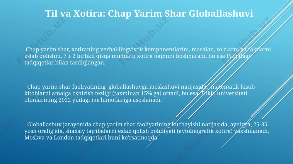 а meg технологияларини ишлатишни режалаштирмоқда. fazoda navigatsiya va vizuospatial xotira: o'ng yarim shar globallashuvi 70% dan ortiq ishtirokchilarni o'z ichiga olgan toshkentdagi eksperiment, o'ng yarim shar globallashuvi bilan vizuospatial xotiraning yaxshilanishi o'rtasidagi kuchli korrelyatsiyani (r=0.8) ko'rsatdi. o'ng yarim sharning faolligi 30% ga ko'proq faol bo'lib, london shahridagi tadqiqotlarda fazoda navigatsiya va vizuospatial xotira vazifalarida ustunlik qilishini ko'rsatdi. miyani tasvirlash texnologiyalari, masalan, fmri, o'ng yarim sharning parietal loblarining faolligi bilan bog'liq 25-35 yosh oralig'idagi shaxslarda vizuospatial xotira samaradorligining yuqori ko'rsatkichlarini aniqladi. funktsional assimetriya ta'rifi funktsional assimetriya miyaning chap va o'ng yarim sharlari o'rtasidagi faoliyatdagi farqni, masalan, tilni qayta ishlashda chap yarim sharning ustunligini (90% hollarda) va fazoviy idrokni o'ng yarim shar bilan bog'lashni anglatadi. aqshning kaliforniya universiteti tadqiqotchilari tomonidan o'tkazilgan eksperimentlar shuni ko'rsatdiki, funktsional assimetriya turli xil kognitiv jarayonlarning, jumladan, xotiraning turli jihatlarining samaradorligiga ta'sir qiladi, bu 20 dan ortiq tadqiqotlar natijalarini umumlashtirib beradi. funktsional assimetriyaning darajasi yoshga, jinsiga va hatto …