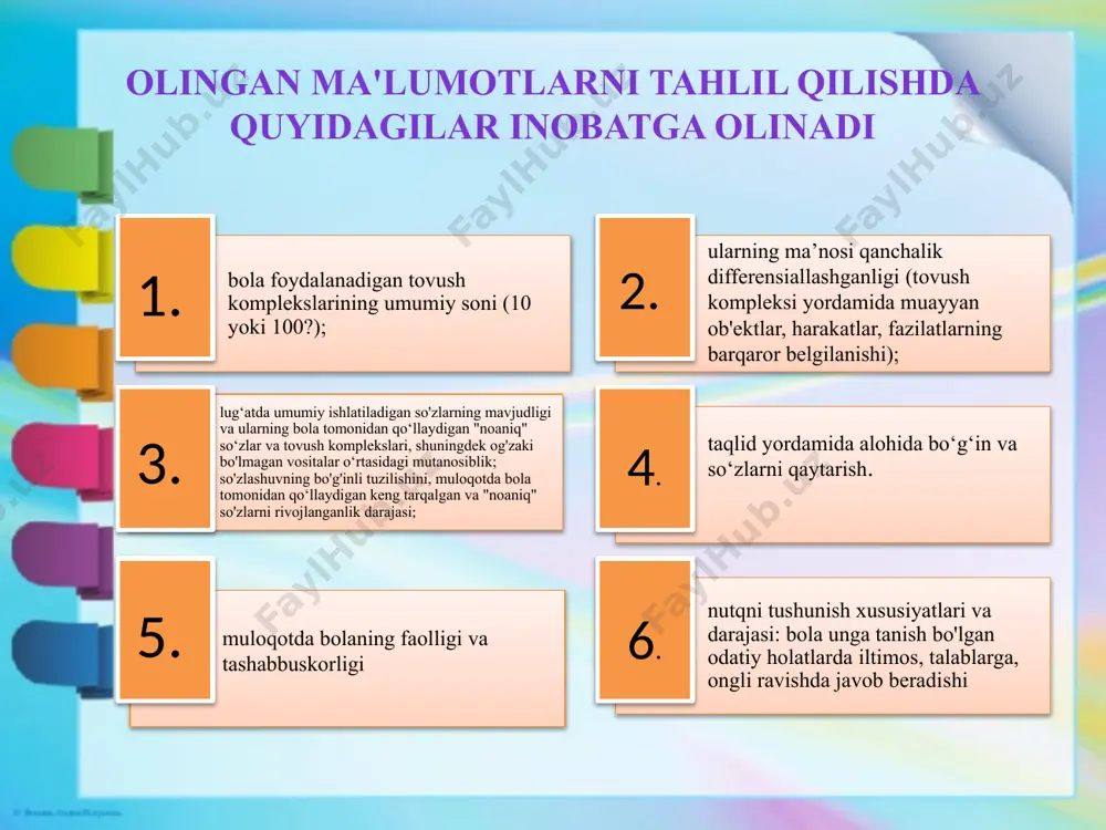 rqlay olishini tekshirish. bolaning fe’l nisbatlari o‘rtasidagi munosabatni tushuna olishini tekshirish. bolaning fe’lning tugallangan va tugallanmagan shaklini tushuna olishini tekshirish bolaning fe’lning birlik va ko‘plik shakllarini farqlay olishini aniqlash. ikkita predmet orasidagi ba’zi fazoviy aloqadorlikni ifodalovchi so‘zlarni (o‘rin-joy otlarini) tushuna olishini aniqlash bolaning belgini ifodalovchi so‘zlar (sifatlar): shakl-hajm, rang-tus, maza-ta’m sifatlarini farqlay olishini tekshirish bolaning ba’zi kelishik qo‘shimchalari, shaxslararo munosabat, predmetlarning o‘zaro munosabatlarini bildiruvchi konstruksiyalarni tushunishini aniqlash. bolaning turli murakkablikdagi matnlarni tushuna olishini aniqlash. image1.jpeg image2.png image3.png image4.png /docprops/thumbnail.jpeg