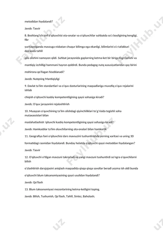 davlat taʼlim standartlari va oʻquv dasturlarining maqsadlariga muvofiq oʻquv rejalarini ishlab chiqish o'qituvchi kasbiy kompetentligining qaysi sohasiga kiradi? javob; o'quv jarayonini rejalashtirish 10. muayyan oʻquvchining taʼlim olishdagi qiyinchiliklari toʻgʻrisida tegishli soha mutaxassislari bilan maslahatlashish 'qituvchi kasbiy kompetentligining qaysi sohasiga kiradi? javob: hamkasblar ta'lim oluvchilarning ota-onalari bilan hamkorlik 11. geografiya fani o'qituvchisi dars mavsuzini tushuntirishda yerning xaritasi va uning 3d formatidagi rasmidan foydalandi. bunday holatda o'qituvchi qaysi metoddan foydalangan? javob: tasvir 12. o'qituvchi o'tilgan mavzuni takrorladi va yangi mavzuni tushuntirdi so'ngra o'quvchilarni bilish o'zlashtirish darajajasini aniqlash maqsadida qisqa qisqa savollar beradi yozma ish oldi bunda o'qituvchi blum taksanomiyasining qaysi usulidan foydalandi? javob: qo'llash 13. blum taksonomiyasi mezonlarining ketma-ketligini toping. javob: bilish, tushunish, qo‘llash, tahlil, sintez, baholash; 14 ta’lim amaliyotida “pedagogik texnologiya” tushunchasi uch darajasining ketma-ketligini belgilang: 1. umumpedagogik (makro) daraja. 2. lokal daraja (mikro). 3. xususiy-metodik (mezo) daraja. javob: 1.3,2 15. maktabda o'quvchilar o'rtasida nizoli vaziyat yuz berdi. o'qituvchi bu jarayonga …