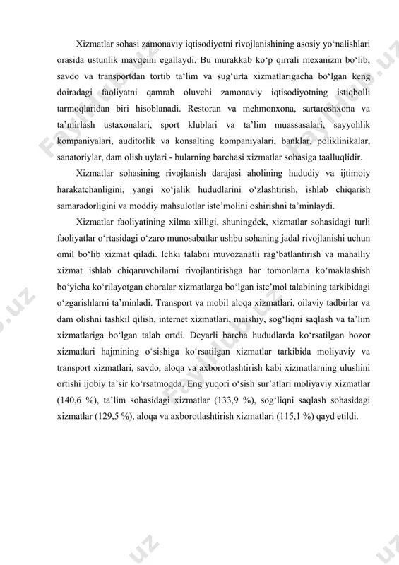 tadi: yuqoridagi raqamlarga asosan, iqtisodiy faoliyat turlari bo‘yicha yaimda eng yuqori ulush xizmatlar sohasida o‘z ifodasini topmoqda. joriy yilning o‘tgan 8 oyida tarmoqlar kesimidagi o‘sish ko‘rsatkichlari 2022 yilning mos davriga nisbatan o‘zgarishlari quyidagicha aks etgan: -xizmat ko‘rsatish sohasi + 58,7trln.so‘mga; - qishloq, o‘rmon va baliqchilik xo‘jaligi + 12,9 trln.so‘mga; -sanoat sohasi + 12,6trln. so‘mga; - qurilish sohasi + 3,3 trln.so‘mga oshgan. iqtisodiy tarmoqlarda xizmatlar sohasining o‘sish sur’ati yuqori bo‘lganligi sababli, ushbu sohadagi o‘zgarishlar hamda rivojlanishlar kelgusida ham yanada o‘sishi prognoz qilinmoqda. xizmatlar sohasi o‘sish tendensiyasi-davlat tomonidan yaratilayotgan imkoniyat va sharoitlardan oqilona foydalanish bilan birgalikda, sohaga keng qamrovda tadbirkorlarni jalb qilish va bu orqali aholi bandligini ta’minlash kabi muhim ahamiyat kasb etuvchi omillar yotadi. shuningdek, joriy yilning yanvar-avgust oylarida xizmatlar sohasida 40 168 ta (2022 yilning yanvar-avgust oylariga nisbatan 2 244 taga ko‘p tashkil etilgan) kichik biznes sub’yektlari tashkil etilib, 1 sentyabr holatiga ushbu sohada faoliyat ko‘rsatayotgan korxona va tashkilotlar soni …