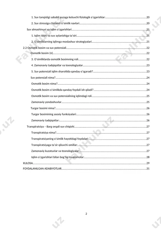 di. o‘simliklarning hayoti bevosita suvga bog‘liq. suv ularning hujayralarida modda almashinuvi, fotosintez, oziq moddalarni tashish, termoregulyatsiya va turli fiziologik jarayonlar uchun zarur hisoblanadi. ayniqsa, suv almashinuvi – ya’ni suvning o‘simlikka kirishi, unda harakatlanishi va tashqariga chiqish jarayonlari – o‘simlik organizmining barqaror hayot kechirishi uchun muhim ahamiyat kasb etadi. bugungi kunda global isish, iqlim o‘zgarishi, suv tanqisligi kabi ekologik muammolar sharoitida o‘simliklarning suvga bo‘lgan ehtiyoji va suvdan foydalanish mexanizmlarini o‘rganish dolzarb masalalardan biriga aylangan. shu sababli, o‘simliklardagi suv almashinuvi jarayonlarini chuqur o‘rganish nafaqat biologik fanlar uchun, balki qishloq xo‘jaligi, ekologiya va tabiatni muhofaza qilish sohalari uchun ham katta amaliy ahamiyatga ega. mavzuning dolzarbligi. hozirgi kunda global iqlim o‘zgarishlari, cho‘llanish, yer osti suv zaxiralarining kamayishi va suv resurslarining cheklanganligi dunyo bo‘yicha eng muhim ekologik muammolardan biri bo‘lib qolmoqda. ayniqsa, suvga bo‘lgan talab ortib borayotgan bir paytda, o‘simliklarda suv almashinuvi jarayonlarini chuqur o‘rganish va tahlil qilish hayotiy zaruratga aylanmoqda. qishloq xo‘jaligida suv yetishmovchiligi …