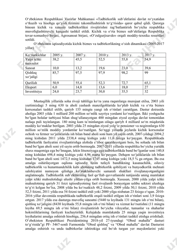 inlarinining mavjudligi. 2. o‘zbekistonda demokratik va ijtimoiy adolat jamiyat qurish. 3. milliy manfaatlar ustuvorligi va teng huquqli hamkorlikka asoslangan tashqi siyosat olib borish. 4. ijtimoiy jihatdan yo‘naltirilgan bozor iqtisodiyotini qurish – mustaqil o‘zbekiston ichki siyosatining negizlarining muhimligi. 5. mustaqil o‘zbekistonni rivojlantirishning ma’naviy-axloqiy negizlarini rivojlantirish. mutaxassislar, ekspertlar tomonidan demokratik huquqiy davlat qurishning jahon tajribasi o‘rganilib davlatimiz tomonidan o‘zbekistonda demokratik huquqiy davlat va fuqarolik jamiyatini qurishning huquqiy asoslari va tamoyillarini qabul qilish bilan birga, unda o‘zbekistonning o‘ziga xos xususiyatlari har tomonlama asoslab berildi. shundan so‘ng jamiyatimizda siyosiy hayotning barcha sohalari, davlat va jamiyat qurilishini erkinlashtirish jadallik bilan olib borilmoqda. bizningcha, o‘zbekiston fuqarolarining mustaqil taraqqiyot yo‘lidan sobitqadamlik bilan rivojlanib borishining siyosiy va iqtisodiy yo‘nalishlari belgilab berildi. o‘zbekistonning mustaqillik taraqqiyot yo‘li bilan «o‘zbek modeli» mamlakatimizning ijtimoiy taraqqiyot dasturi bo‘lib, bu dastur ijtimoiy, iqtisodiy va siyosiy islohotlarning goyaviy, nazariy negizini tashkil etadi. mazkur islohotlar mustaqillik yillarida bir nechta bosqichlarni bosib o‘tadi. jumladan, islohotlarning dastlabki bosqichida …