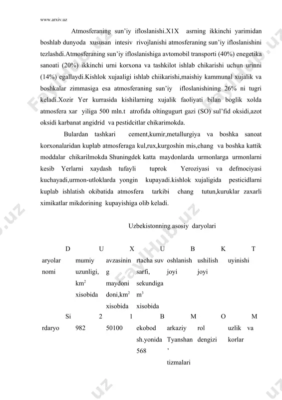 ik va korlar surxondaryo 196 13500 koravultepa yonida 70,2 xisor tog tizmasi amudaryo kor va muzliklar shyerobodaryo 186 2950 7,5 xisor tog tizmasi amudaryo korlar kashkadaryo 332 12000 varaganza kishlogi yonida 5,4 xisor tog tizmasi karshi chuli korlar zarafshon 781 12300 panjakent sh.yonida 165 turkiston, zarafshon tizmalari kizilkum chuli kor va muzliklar ma’lumotlarga kura atmosfera tarkibidagi changlar mikdori x1x asr oxiriga nisbatan 20% kupaydi. sunggi yillarda atmosferaning ifloslanishida transport solmogining ortishini kuramiz. chunki avtomashina ,samolyot,teplovoz,kishlok xujalik moshinalari. 2.yer kurrasidagi suvlardan iborat bulgan kobik gidrosfera deb yuritiladi,unga sayyoramizdagi xamma suvlar okean dengiz,kul,daryo,muz,botkoklik va 5 km chukurlikkacha bulgan yer osti suvlari kiradi.yer yuzasida suv mikdorining 93,96% ini kura okean va dengiz suvlar 4,12% ini yer osti suvlari,1,65% muzlikdagi suvlar 0,026 % kup suvlari,0,0001%chuchuk suvlar tashkil etadi.xalk xujaligining turli soxolarida usimliklar va kishlok xujalik ekinlari umuman imkoniyat uchun zarur bulgan chuchuk suvning mikdori cheklangan bulib 84 million 827,2 ming km 2 ni tashkil …
