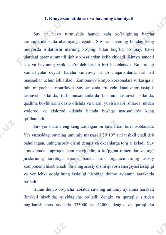 adi. xalq xo’jaligida daryo suvlari muhim ahamiyat kasb etadi. yer sharidagi barcha daryo suvlarining bir vaqtdagi zaxirasi taxminan 1200 km3 ni tashkil etadi. yer sathini qoplab turgan quruq havo (suv bug’ini hisobga olmaganda) 78,093% azot, 20,95% kislorod, 0,932% argon, 0,03% karbonat angidrid hamda 0,03% vodorod, geliy, neon, kripton, ksenonlardan iboratdir. yer sharini qurshab olgan atmosfera og’irligi 5*1015 t bo’lib, yer yuzidagi har bir kishiga taxminan 0,8 mln t havo to’g’ri keladi demakdir. havoning xalq xo’jaligidagi va ayniqsa kimyo sanoatida ishlatilish doirasi juda keng bo’lib, u quyidagi yo’nalishlar bilan belgilanadi: · issiqlik tashuvchi sifatida; · ma’lum ishlarni takomillashtirishda; · kimyoviy xomashyo manbai sifatida hamda turli kimyoviy reaksiya va jarayonlarda kimyoviy agent sifatida ishlatiladi. masalan, xalq xo’jaligida havo kislorodidan foydalanish va uni ishlatishda yuqori iqtisodiy samaradorlikka erishiladi: qora metallurgiyada ishlatiladigan kislorodning deyarli 65-75% i po’lat ishlab chiqarishda (ayniqsa konvertor usulida) sarflanadi; marten pechida sodir bo’ladigan kimyoviy jarayonlarni tezlatishda kislorod keng qo’llaniladi; zanglamaydigan …