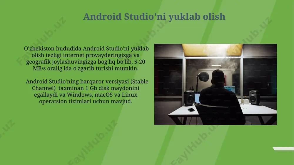 xususiyatlar va xato tuzatishlarini o'z ichiga oladi. o'rnatish jarayonida sizdan jdk 8 yoki undan yuqori versiyasi talab qilinadi. agar kompyuteringizda yo'q bo'lsa, o'rnatish dasturi sizni avtomatik ravishda oracle yoki openjdk saytiga yo'naltiradi. android studio interfeysi bilan tanishish "build" va "run" tugmalarini topish va ularning 2 ta asosiy vazifasini tushunish, shuningdek, emulatorni 8 ta turli qurilma sifatida sozlash imkoniyati android studio interfeysining muhim qismlaridan hisoblanadi. android studio-ning "gradle" tizimi 3 ta asosiy qismdan iborat bo'lib, loyihani tuzish va uni google play-ga joylashtirish jarayonida muhim rol o'ynaydi va dunyoning turli burchaklaridagi dasturchilar tomonidan ishlatiladi. operatsion tizim mosligi o'rnatish jarayoni uchun kamida 8 gb operativ xotira talab etiladi, lekin 16 gb yoki undan ko'p xotira tezroq ishlashni ta'minlaydi. bu butun dunyo bo'ylab dasturchilar uchun muhim hisoblanadi. android studio'ning 2023 yilgi versiyalari intellij idea platformasiga asoslangan bo'lib, ular 4 gb dan kam xotiraga ega bo'lgan eski kompyuterlarda ishlashi qiyin bo'lishi mumkin, masalan, 2010 yilda …