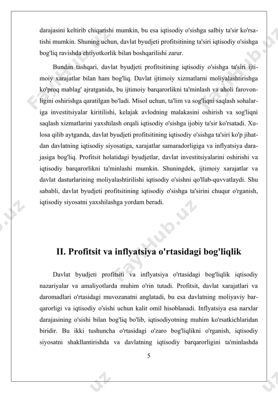 ilgi global moliyaviy inqirozdan keyin ko'plab davlatlar o'z byudjetlarini profitsit holatiga o'tkazishga harakat qildilar. bu, iqtisodiy o'sishni qo'llab-quvvatlash va inflyatsiyani nazorat qilish maqsadida amalga oshirildi. 2020-yildagi covid-19 pandemiyasi davrida ham davlatlar o'z xarajatlarini muvozanatlashga harakat qilmoqda, bu esa inflyatsiya darajasini nazorat qilishga yordam beradi. o'zbekiston misolida, 2021-yil uchun davlat byudjeti profitsiti 3% ni tashkil etdi. bu holat iqtisodiy o'sishga ijobiy ta'sir ko'rsatdi va inflyatsiyani nazorat qilishda muhim rol o'ynadi. bunday profitsit holati davlatga ijtimoiy xarajatlarni oshirish va investitsiyalarni rag'batlantirish imkoniyatini berdi, bu esa iqtisodiy barqarorlikni ta'minlashga yordam berdi. umuman olganda, profitsit va inflyatsiya o'rtasidagi bog'liqlik iqtisodiy barqarorlikni ta'minlashda muhim omildir. davlat byudjeti profitsiti inflyatsiyani nazorat qilishda va iqtisodiy o'sishni rag'batlantirishda muhim rol o'ynaydi. iii. ijtimoiy xarajatlar va ish o'rinlari o'rtasidagi munosabat ijtimoiy xarajatlar va ish o'rinlari o'rtasidagi munosabat davlat iqtisodiyoti barqarorligini ta'minlashda, shuningdek, aholining farovonligini oshirishda muhim ahamiyatga ega. ijtimoiy xarajatlar, davlat tomonidan ijtimoiy dasturlarga ajratilgan mablag'lardir va bu xarajatlar …