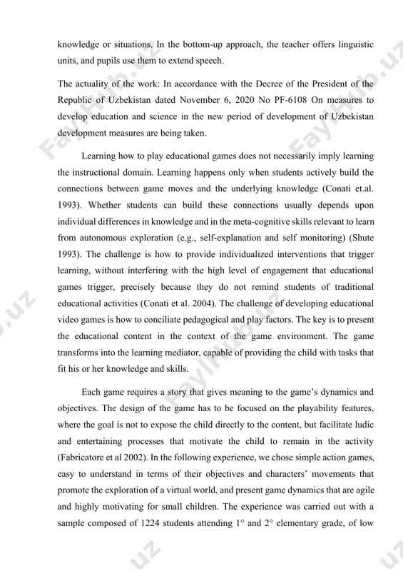 nd skills. each game requires a story that gives meaning to the game’s dynamics and objectives. the design of the game has to be focused on the playability features, where the goal is not to expose the child directly to the content, but facilitate ludic and entertaining processes that motivate the child to remain in the activity (fabricatore et al 2002). in the following experience, we chose simple action games, easy to understand in terms of their objectives and characters’ movements that promote the exploration of a virtual world, and present game dynamics that are agile and highly motivating for small children. the experience was carried out with a sample composed of 1224 students attending 1° and 2° elementary grade, of low socioeconomic background. students were placed in there groups: experimental group (eg), internal control group (ic), same school and same educational level, and external control group (ec) different school …