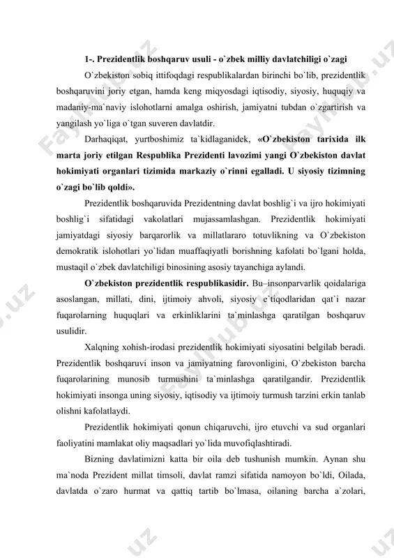 ijtimoiy turmush tarzini erkin tanlab olishni kafolatlaydi. prezidentlik hokimiyati qonun chiqaruvchi, ijro etuvchi va sud organlari faoliyatini mamlakat oliy maqsadlari yo`lida muvofiqlashtiradi. bizning davlatimizni katta bir oila deb tushunish mumkin. aynan shu ma`noda prezident millat timsoli, davlat ramzi sifatida namoyon bo`ldi, oilada, davlatda o`zaro hurmat va qattiq tartib bo`lmasa, oilaning barcha a`zolari, davlatning fuqarolari o`z burchlarini ado etmasa, bir-biriga nisbatan ezgulik bilan mehr-oqibat ko`rsatmasa munosib hayot ko`rish mumkin emas. kuchli ijroiya hokimiyati bo`lmasa hatto eng demokratik yo`l bilan qabul qilingan qonunlar ham bajarilmasligi mumkin. bu esa qonunlarning so`zsiz bajarilishini, fuqarolarning huquq va erkinliklarining himoya qilinishi, siyosiy va iqtisodiy islohotlar turmushga tadbiq etilishini ta`minlaydigan prezidentlik hokimiyatini taqozo etdi. shunday qilib, prezidentlik boshqaruvi barqarorlik, fuqarolar tinchligi va millatlararo totuvlikni ta`minlash, qonunchilik va huquq-tartibotni qaror toptirish, hamda konstitutsiyaviy tuzum barpo etish asosidir. prezidenlik boshqaruvi davlat tushunchasi, uning ma`no-mohiyatini tubdan o`zgartirdi. prezident islohotlarning bosh tashabbuskori hamda ularning muvofiqlashtiruvchi asosiy kuchga aylandi. o`zbek davlati bozor …