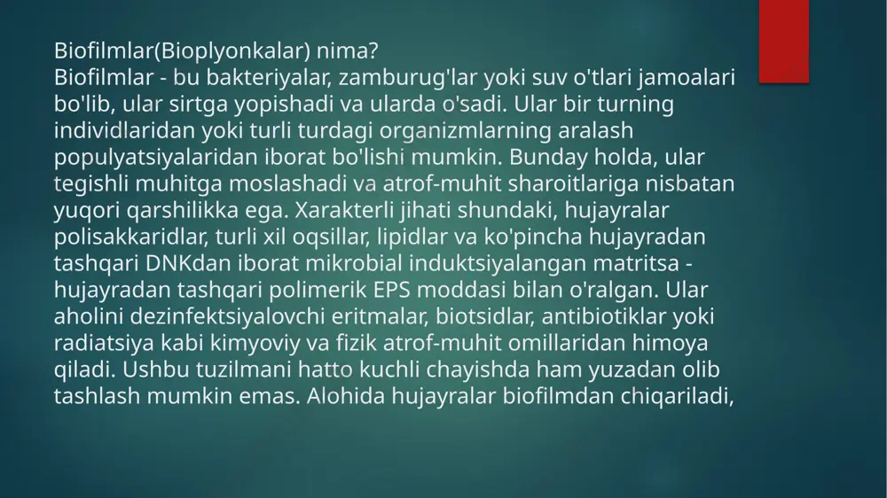 a shakllana boshlaydi. biofilmlarning kelib chiqishi biofilmlar ibtidoiy yer davrida prokaryotlar uchun himoya mexanizmi sifatida paydo bo'lgan deb taxmin qilinadi, chunki o'sha paytdagi sharoitlar ularning yashashi uchun juda og'ir edi. ular erning fotoalbom yozuvlarida (taxminan 3,25 milliard yil oldin) arxeya va bakteriyalar sifatida juda erta topilgan va odatda prokaryotik hujayralarni gomeostaz bilan ta'minlab, biofilmdagi hujayralar o'rtasidagi murakkab o'zaro ta'sirlarning rivojlanishini rag'batlantiradi. biofilmlarning shakllanishi biofilmning hosil bo'lishi sirtga erkin suzuvchi mikroorganizmlarning biriktirilishi bilan boshlanadi.biofilmning birinchi kolonist bakteriyalari dastlab zaif van der vaals kuchlari va hidrofobik ta'sirlar tufayli yuzaga yopishishi mumkin.agar kolonistlar darhol sirtdan ajratilmasa, ular pili kabi hujayra yopishtiruvchi tuzilmalardan foydalangan holda o'zlarini doimiy ravishda bog'lashlari mumkin . anoksik er osti suvlarida yashaydigan noyob arxey guruhi hami deb ataladigan o'xshash tuzilmalarga ega. har bir hamus bir-biriga yoki sirtga biriktirish uchun ishlatiladigan uchta ilgak biriktirgichli uzun trubka bo'lib, jamoaning rivojlanishiga imkon beradi.gipertermofil arxeon pyrobaculum calidifontis bakterial bioplyonkalardagi hujayradan tashqari matritsaning asosiy komponenti …