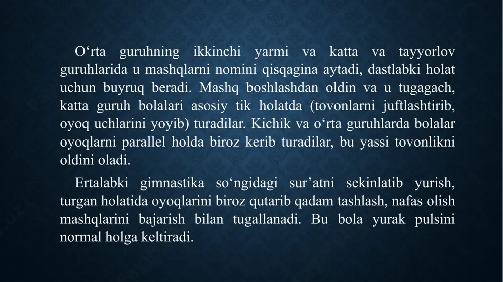 iyani tashkil qilish va ularni optimal pedagogik sharoitlarda amalga oshirishning barcha formalari mazmunini ishlab chiqadi. maktabgacha yoshdagi bolalar jismoniy tarbiya nazariyasining vazifalari. ta’limiy vazifalar. maktabgacha yoshdagi bolalarni jismoniy tarbiyalash jarayonida ta’limiy vazifalarni hal etish ham muhimdir. chunonchi: harakat ko‘nikma va malakalarini shakllantirish, jismoniy sifatlar (chaqqonlik, tezkorlik, egiluvchanlik, muvozanat, ko‘z bilan chamalash, kuchlilik, chidamlilik)ni o‘stirish, to‘g‘ri qaddi-qomat, gigiyena ko‘nikmalarini tarbiyalash, jismoniy tarbiya haqidagi bilimlarni o‘zlashtirish. jismoniy tarbiya mashqlarini to‘g‘ri bajarish muskullar, paylar, bo‘g‘imlar, suyak tizimini rivojlantirishga samarali ta’sir qiladi. mustahkam shakllangan harakat ko‘nikmalaridan foydalanish bolaga mashqlarni bajarishda jismoniy kuchni tejash va o‘yin faoliyatida e’tiborni kutilmagan vaziyatlarda yuzaga keladigan turli vazifalarni olishga yo‘naltirish imkonini beradi. bolalarda 7 yoshgacha shakllangan harakat ko‘nikmalari maktabda ularni yanada takomillashtirish uchun zamin bo‘lib xizmat qiladi va kelajakda sportda yuqori natijalarga erishish imkonini beradi. bolalarda harakat ko‘nikmalarining shakllanishi jarayonida birmuncha murakkabroq harakatlar va bu harakatlarni o‘z ichiga oluvchi turli faoliyat turlarini osongina egallash qobiliyati hosil qilinadi. yosh guruhlarga …