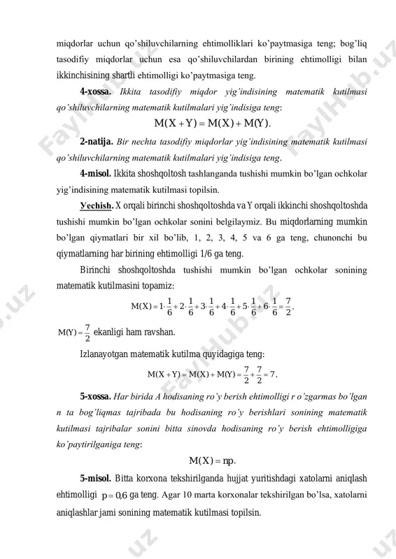 odisalar bog’liqmasdir, binobarin, izlanayotgan matematik kutilma quyidagicha: 66,010)( === npxm (marta xatolarni aniqlash). ayrim tasodifiy miqdorlar bir xil matematik kutilmalarga ega bo’lsalarda, mumkin bo’lgan qiymatlari har xil bo’ladi. masalan, quyidagi taqsimot qonunlari bilan berilgan x va y diskret tasodifiy miqdorlarni ko’rib chiqaylik: bu miqdorlarning matematik kutilmalarini topaylik: 05,001,05,001,0)( =+−=xm ; 05,01005,0100)( =+−=ym . bu yerda ikkala miqdorning matematik kutilmalari bir xil, mumkin bo’lgan qiymatlari esa har xil, bunda x ning mumkin bo’lgan qiymatlari uning matematik kutilmasiga yaqin, y ning mumkin bo’lgan qiymatlari esa o’zining matematik kutilmasidan ancha uzoq. shunday qilib, tasodifiy miqdorning faqat matematik kutilmasini bilgan holda uning qanday qiymatlar qabul qilishi mumkinligi haqida ham, bu qiymatlar matematik kutilma atrofida qanday sochilganligi haqida ham biror mulohaza yuritish mumkin emas. boshqacha qilib aytganda, matematik kutilma tasodifiy miqdorni to’liq xarakterlamaydi. shu sababli matematik kutilma bilan bir qatorda boshqa sonli xarakteristikalarilar ham qaraladi. x – tasodifiy miqdor va m(x) uning matematik kutilmasi bo’lsin. …