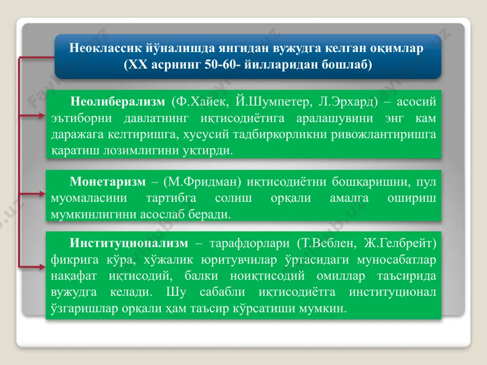 а кишилар томонидан ўйлаб топилмаган, балки реал иқтисодий ҳодисаларни ифода этадиган илмий тушунча бўлиб, илмий фикрлаш маҳсулидир. масалан, бозор, капитал, ишчи кучи, иқтисодий мувозанат, молия, кредит ва бошқалар шулар жумласидандир. иқтисодиёт асослари фанининг билиш усуллари услубият – бу илмий билишнинг тамойиллари тизими, йўллари, қонун-қоидалари ва аниқ ҳадисларидир диалектик усул қоидалари илмий билишнинг умумий усули бўлиб хизмат қилади иқтисодий жараёнларни илмий билишнинг усуллари илмий абстракция усули таҳлил синтез эксперимент мантиқийлик ва тарихийликнинг бирлиги усули макроиқтисодий ва микроиқтисодий таҳлилни қўшиб олиб бориш. индукция ва дедукция икки томонлама ёндашув усули таққослаш, статистик, математик ва график усулларидан илмий абстракция усули – таҳлил пайтида халал бериши мумкин бўлган иккинчи даражали нарсалар, воқеа-ҳодисаларни фикрдан четлаштириб, ўрганилаётган жараённинг асл моҳиятига эътиборни қаратишдир. бу усул ёрдамида ўрганилаётган воқеа ва ҳодисанинг ички, кўзга кўринмайдиган моҳияти, унинг асл мазмуни билиб олинади. таҳлил – бутунни алоҳида қисмларга ажратиш орқали изчиллик билан ўрганиш синтез – ўрганилган қисмлардан олинган хулоса ва натижаларни бир …