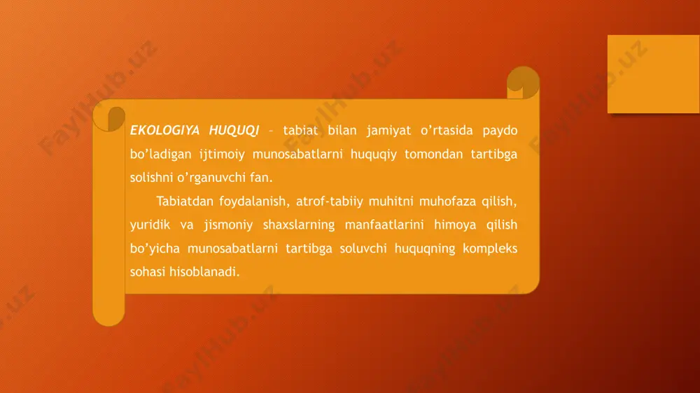 lozim? eh ning qanday prinsiplarini bilasiz? uyda: jamiyatda amalga oshirilayotgan ekologik huquqiy yangiliklar; amalga oshirilayotgan islohotlar. foydalanilgan adabiyotlar 1. a.n. nig’matov. o’zbekiston respublikasining ekologiya huquqi.-t.:”g’arur g’ulom nomidagi nashriyot-matbaa ijodiy uyi”, 2003. 2. a.n. nig’matov. ekologiya huquqi sxemalar va tushunchalarda.-t.:1999. 3. m.b. usmonov. ekologiya huquqi.-t.:“adabiyot jamg’armasi”,2001. 4. yu.shodimetov, j.xolmo’minov. ekologik huquq. t.:2015. e’tiboringiz uchun rahmat! image2.png image3.png image4.png image5.jfif image6.jfif image1.png