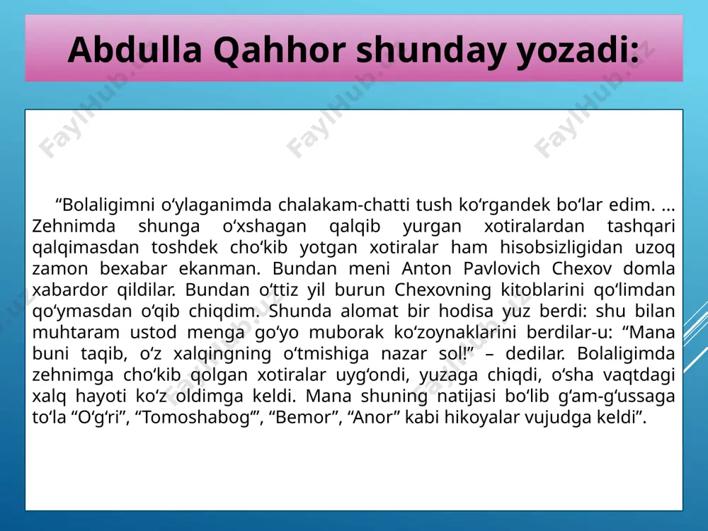 ‘z ochirmayotgan kuzak shamoli yaydoq daraxtlar shoxida chiyillaydi, g‘uvullaydi; tomlarda vishillaydi, yopiq eshik va darchalarga bosh urib uf tortadi”. (abdulla qahhor, “dahshat” hikoyasidan) demak, kuzak shamolini rassom daraxtlarning egilishi, barglarning sochilishi orqali tasvirlasa, yozuvchi “chiyillaydi”, “g‘uvullaydi”, “vishillaydi” kabi fe’llar orqali ifodalaydi. ko‘p hollarda muallif aytmoqchi bo‘lgan fikrni asardagi voqea yoki qahramonlar tasviri orqali bilib olish mumkin. “o‘g‘ri” hikoyasidan qahramonlarning xatti-harakatlari, gaplari tasvirlangan o‘rinlarni toping. bu tasvirlar orqali muallif qahramonlarning tabiatiga xos qanday xususiyatlarni ochib bergan? jadvalni daftaringizga ko‘chiring va to‘ldiring. siz o‘qigan hikoya tiliga xos yana bir muhim xususiyat – unda maqollar va iboralarning ishlatilishi. hikoyada ishlatilgan maqol va iboralarni toping. ularning asar g‘oyasini ochishdagi ahamiyatini izohlashga harakat qiling. siz mazkur hikoya uchun yana qanday maqollarni tavsiya qilgan bo‘lardingiz? nima uchun? mustaqil o‘qish uchun abdulla qahhor qalamiga mansub “bemor” hikoyasini o‘qib chiqishingizni tavsiya qilamiz. e’tiboringiz uchun rahmat! foydalanilgan adabiyot: adabiyot [matn]: 6-sinf uchun darslik / z. i. mirzayeva, k. q. …