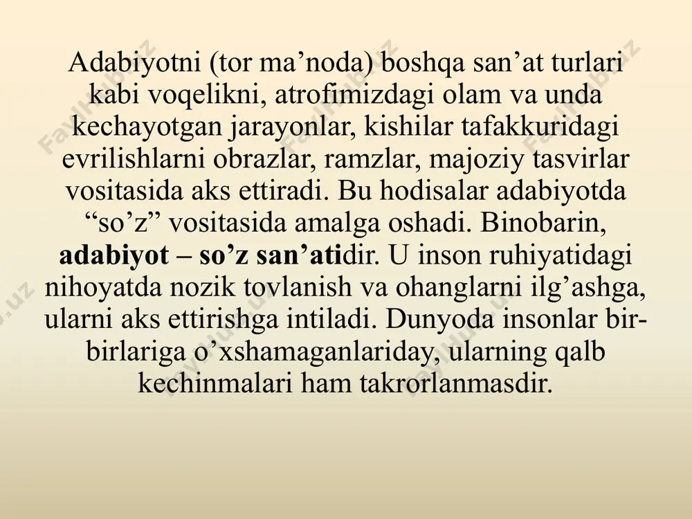 xiv asr boshlaridagi adabiyot. xiv asr o’rtalaridan xvii asrgacha bo’lgan adabiyot. xvii asrdan xix asrning o’rtalarigacha bo’lgan adabiyot. xix asrning ikkinchi yarmi va xx asr boshlaridagi adabiyot. prof. b.to‘xliеv adabiyot tarixini quyidagicha davrlashtirishni tavsiya etadi: eng qadimgi adabiy yodgorliklar «avеsto», «alpomish» va b. ilk o’rta asrlar adabiyoti («kultеgin» bitiklari va b.) o’rta asrlar adabiyoti (ix-xvi asrlar) a.tеmuriylar davri adabiyoti. b.navoiy va uning davri adabiyoti. xvii-xix asrlar adabiyoti. xx asr adabiyoti. (b.to’xliеv. o’zbеk adabiyoti. 9-sinf. -t., 2000. 13-b. profеssor n.mallayеvning oliy o’quv yurti talabalari uchun chiqargan “o’zbek adabiyoti tarixi” darsligida o’zbek adabiyoti tarixini quyidagi davrlarga ajratadi: eng qadimgi adabiy yodgorliklar. x-xii asrlar adabiyoti. xiii asr va xiv asr boshlaridagi adabiyot. xiv asr o’rtalaridan xvii asrgacha bo’lgan adabiyot. xvii asrdan xix asrning o’rtalarigacha bo’lgan adabiyot. xix asrning ikkinchi yarmi va xx asr boshlaridagi adabiyot. turonzamin qadimgi madaniy markazlardan biri sifatida. qadimgi davrlardan eramizning viii asrigacha markaziy osiyoda yashagan xalqlar madaniyati, yozuvi va …