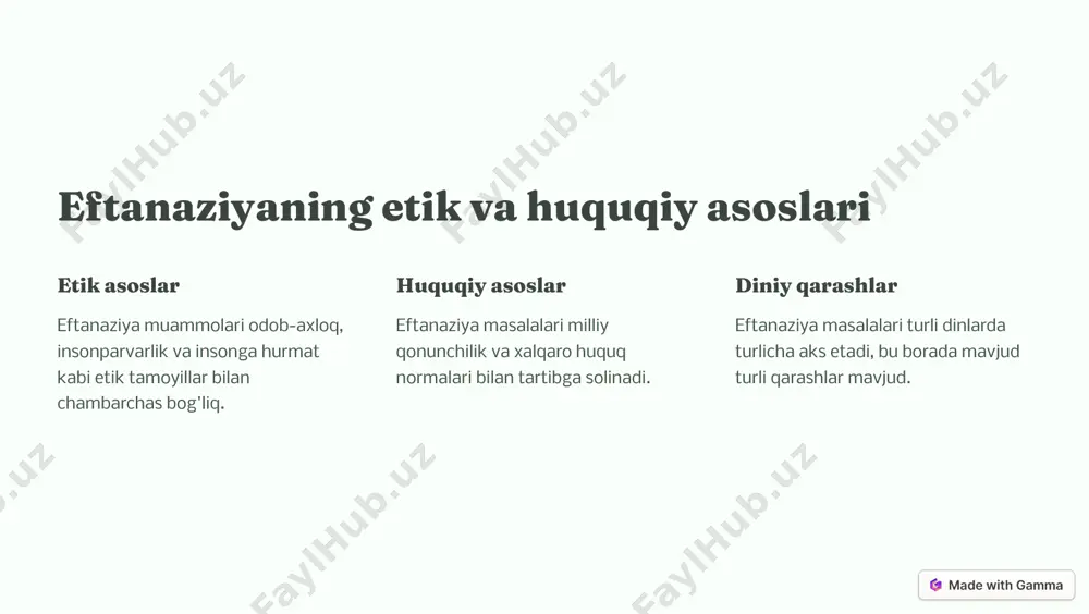 �iy qara��lar eftanaziya masalalarini hal etishda turli diniy e'tiqodlar va qarashlarga hurmat bo'lishi kerak. tibbiy xiz�atlar�i�g rivojla�i��i eftanaziya masalalarini hal etishda tibbiy xizmatlarning takomillashishi va kadrlar tayyorlash muhim ahamiyatga ega. https://gamma.app/?utm_source=made-with-gamma xulo�a va takliflar efta�aziya �ua��olari�i�g �urakkabligi eftanaziya muammolari ko'p qirrali va murakkab, ularni hal etish oson emas. ko�pro�i��ga eri��i�� etik, huquqiy, diniy va tibbiy omillarni hisobga olgan holda kompromissga erishish zarur. ja�iyat uc�u� katta a�a�iyat eftanaziya masalalarini to'g'ri hal etish jamiyat uchun katta ahamiyat kasb etadi. https://gamma.app/?utm_source=made-with-gamma