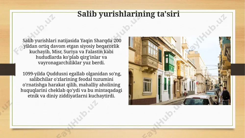 llab olishdan keyin lotin imperiyasini tashkil qilishdi. toʻrtinchi salib yurishi 1202-yilda venetsiyadan boshlanib, konstantinopolni 1204-yilda vayron qilgan, vizantiya imperiyasining qulashiga sabab boʻlgan va sharqiy rim cherkovining boyliklarini talon-taroj qilgan. salib yurishlarining salbiy tomonlari salib yurishlari davrida savdo yo'llari buzildi, bu esa o'rta yer dengizi bo'ylab savdo-sotiqning pasayishiga va genoa va venetsiya kabi italyan shahar-davlatlari iqtisodiyotining o'zgarishiga olib keldi. quddus kabi muqaddas shaharlarning egallab olinishi va vayron qilinishi, shuningdek, bizantiya imperiyasi kabi kuchli davlatlarning zaiflashuvi buyuk seljuk imperiyasi bilan bo'lgan urushlardan keyin mintaqaning siyosiy barqarorligiga jiddiy zarar yetkazdi. salibchi davlatlar 12-13-asrlarda salibchi davlatlarning asosiy shaharlari akka, tripoli va antioxiya bo'lib, bu yerlarda yirik savdo-sotiq markazlari va mustahkam qal'alar mavjud edi. салахуддин 1187-yilda quddusni qaytarib olganidan keyin salibchi davlatlarning hududlari sezilarli darajada kamaydi, ularning ta'siri esa zaiflashdi. e'tiboringiz uchun rahmat @taqdimot_robot image7.jpg image8.jpg image9.jpg image10.jpg image11.jpg image12.jpg image13.jpg image14.jpg image15.jpg image16.jpg image17.jpg image18.jpg image19.jpg image20.jpg image21.jpg image22.jpg image23.jpg image3.png image4.png