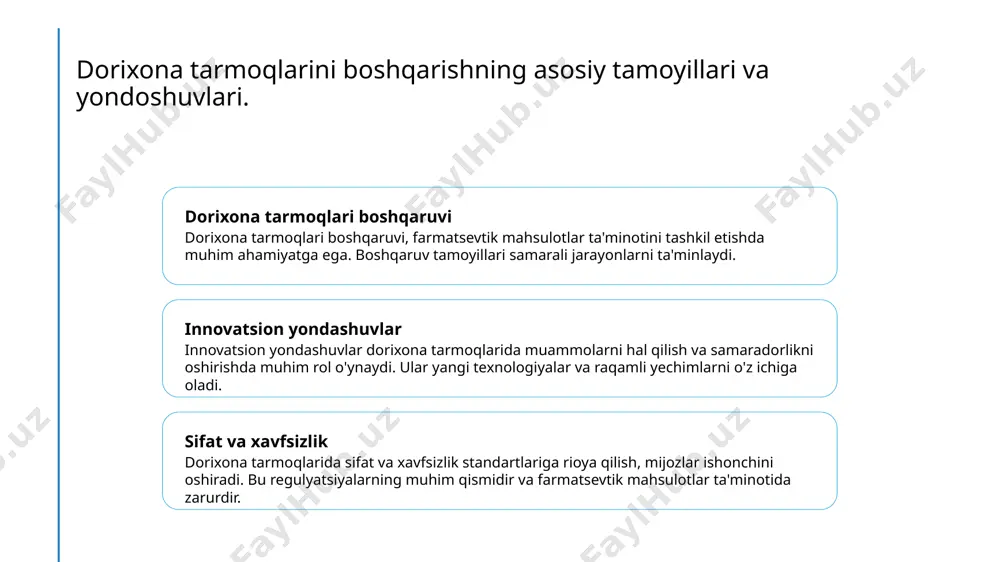 3 sifatni ta'minlash - farmatsevtik ta'minotda sifatni ta'minlash innovatsiyalari, masalan, elektron dori resurslari, mahsulotlarning xavfsizligi va samaradorligini oshirishda muhim ahamiyatga ega. dorixona tarmoqlarining regulyatsiyaga ta'siri va ahamiyati. 1 regulyatsiya va dorixona dorixona tarmoqlari regulyatsiyasi, farmatsevtik mahsulotlarning sifatini ta'minlash va xavfsizlikni oshirishda muhim ahamiyatga ega. 2 iqtisodiy ta'sir dorixona tarmoqlari regulyatsiyasi iqtisodiy o'sishga yordam beradi, innovatsion yechimlar va raqobatni rag'batlantirish orqali farmatsevtika bozorini rivojlantiradi. 3 sog'liqni saqlash muhofazasi regulyatsiya sog'liqni saqlash tizimida dorixona tarmoqlarining roli va ahamiyatini oshiradi, aholining dorilar bilan ta'minlanishini yaxshilaydi. sog'liqni saqlash tizimida dorixona tarmoqlarining roli va regulyatsiya. 1 dorixona tarmoqlari roli - dorixona tarmoqlari, sog'liqni saqlash tizimida muhim o'rin tutadi, bemorlarga dori vositalarini taqdim etish orqali to'g'ridan-to'g'ri xizmat ko'rsatadi. 2 regulyatsiya tizimi - farmatsevtika tarmoqlari uchun regulyatsiya, sifat va xavfsizlikni ta'minlashda asosiy ahamiyatga ega bo'lib, kafolatlarni belgilaydi va nazoratni amalga oshiradi. 3 sog'liqni saqlashga ta'siri - dorixona tarmoqlari, sog'liqni saqlash tizimiga ta'siri orqali, dori ta'minotini, xizmat ko'rsatishni …