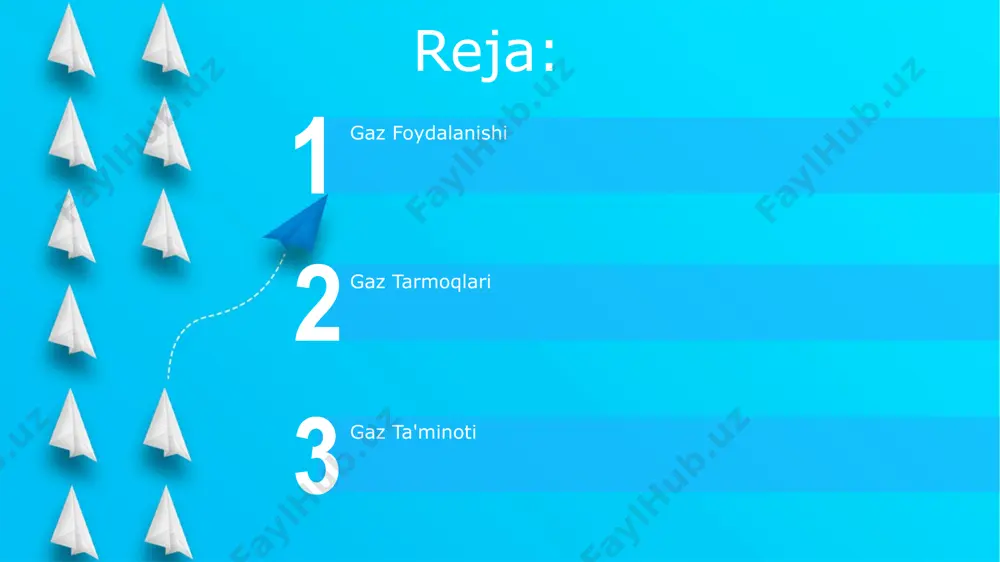 muhim rol o'ynaydi. gaz ta'minoti start o'zbekistonning gaz ta'minotida 2022-yilda 45 milliard kub metr tabiiy gaz qazib olingan bo'lib, shundan 15 milliard kub metri ichki bozor ehtiyojlarini qondirishga yo'naltirilgan. surxondaryo viloyatidagi gaz quvurlari tarmog'ining uzunligi 1200 kilometrdan oshadi va bu hududda 2 millionga yaqin aholiga gaz yetkazib beradi. gazning tarkibi gaz tarkibining 80% dan ortig'i metandan, qolgan qismi esa etan, propan, butan kabi uglevodorodlardan iborat bo'lib, bu tarkibiy nisbatlar qazib olish joyiga, masalan, o'zbekistonning muborak gaz koni yoki rossiyaning urengoy gaz koniga qarab farq qilishi mumkin. gazning zichligi harorat va bosimga bog'liq bo'lib, standart sharoitlarda (0°c va 1 atmosfera bosimda) 0,7 kg/m³ atrofida bo'ladi, ammo yuqori bosimli gaz quvurlarida zichligi 3-4 baravar yuqori bo'lishi mumkin. e'tiboringiz uchun rahmat @taqdimot_robot image5.jpg image6.jpg image7.jpg image8.jpg image9.jpg image10.jpg image11.jpg image1.jpeg image2.jpeg image3.jpeg image4.jpeg