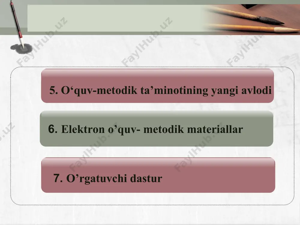 i: - o’rgatuvchi didaktik vositalar – o’quvchilarning bilim darajasi va qiziqishlaridan kelib chiqib yangi bilimlarni o’zlashtirishga yo’naltiradi; - test didaktik vositalar – egallangan bilim, malaka va ko’nikmalarni tekshirish yoki baholash maqsadlarida qo’llaniladi; - mashq qildirgichlar - avval o’zlashtirilgan o’quv materialini takrorlash va mustahkamlashga xizmat qiladi; - o’qituvchi ishtirokidagi virtual o’quv muhitini shakllantiruvchi didaktik vositalar. - o’rgatuvchi didaktik vositalar – o’quvchilarning bilim darajasi va qiziqishlaridan kelib chiqib yangi bilimlarni o’zlashtirishga yo’naltiradi; - test didaktik vositalar – egallangan bilim, malaka va ko’nikmalarni tekshirish yoki baholash maqsadlarida qo’llaniladi; - mashq qildirgichlar - avval o’zlashtirilgan o’quv materialini takrorlash va mustahkamlashga xizmat qiladi; - o’qituvchi ishtirokidagi virtual o’quv muhitini shakllantiruvchi didaktik vositalar. didaktik vositalarni turlari: fanlardan yaratiladigan didaktik vositalarga qo’yiladigan talablar: 1. didaktik vositalar – o’quv materialini taqdim etishning tushunchali, obrazli va harakatli komponentlarining o’zaro bog’liqligiga tayangan holda qurilishi. 2. didaktik vositalar o’quv materialini yuqori tartibli tuzilma ko’rinishida ta’minlashi. fanlararo mantiqiy o’zaro bog’liqlikning hisobga olinishi. …