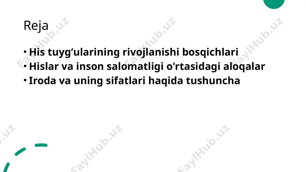 n bo'ladi. hislar va inson salomatligi: asosiy aloqalar va ta'sirlar. hislar va salomatlik hislar inson salomatligiga bevosita ta'sir ko'rsatadi. stress, xursandchilik yoki qayg'u holatlari organizmda turli o'zgarishlarga sabab bo'ladi. emotsiyalar va kasallik salomatlik va emotsiyalar o'rtasida chuqur bog'liqlik mavjud. masalan, uzoq muddatli stress yurak kasalliklarini keltirib chiqarishi mumkin. psixologik farovonlik ijobiy his-tuyg'ular psixologik farovonlikni oshiradi. bu, o'z navbatida, umumiy salomatlikni yaxshilashga yordam beradi va immunitetni kuchaytiradi. emotsiyalar va jismoniy salomatlik: o'zaro bog'lanish mexanizmlari. emotsiyalar va jismoniy salomatlik o'rtasidagi o'zaro bog'lanish mexanizmlari murakkab bo'lib, stress va kayfiyatning jismoniy holatga ta'siri katta. salbiy emotsiyalar immun tizimiga salbiy ta'sir ko'rsatishi mumkin. bunga misol sifatida: - stress, yurak-qon tomir kasalliklarini kuchaytirishi. - ijobiy hissiyotlar, organizmni mustahkamlashi. - emotsional holat, jismoniy faoliyatga ta'sir qiladi. psixologik holatlarning salomatlikka ta'siri: hislar va irodalar. 1 hislar va salomatlik hislar inson salomatligiga bevosita ta'sir qiladi. stress va qayg'u, yurak-qon tomir kasalliklari xavfini oshirishi isbotlangan. 2 iroda va ruhiy holat …