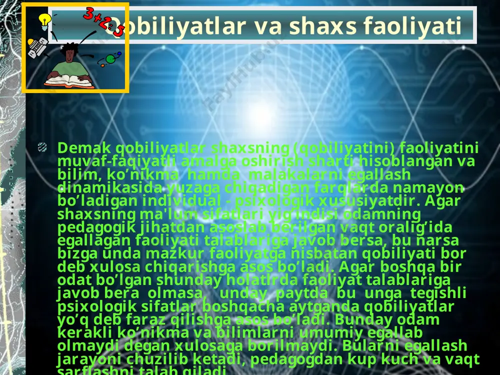 ta ahamiyatga ega bo‘lganlari yuksak nerv faoliyati tiplarini farq qiladigan alomatlardir, ya’ni qo‘zg‘alish va tormozlanish jarayonlarining quvvati, muvozanati va ildamligidir. shu sababdan odamning qobiliyat va iste’dodi unga tug‘ma xos bo‘lgan yuksak nerv faoliyati tipi bilan mahkam bog‘langan bo‘ladi. ammo yuqorida aytilganidek, nerv faoliyatining tug‘ma xos tipi sira o‘zgarmay, bir zaylda qoladigan narsa emas, u odamning yashagan sharoitiga bog‘liq holda o‘sadi, o‘zgaradi. shuning uchun ham yuksak nerv faoliyatining tug‘ma bo‘lgan tipini turlanish sharoiti ta’siri bilan vujudga kelgan tipdan ajrata bilish lozim.
