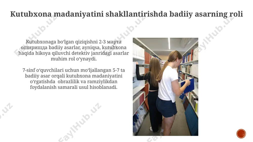 ning 70% i badiiy asarlardan olingan misollardan samarali foydalanib, kutubxonachilikning ahamiyati haqida chuqurroq tushunchalarini aks ettirishdi. kutubxonachilar obrazi va ularning xarakteristikasi o'quv adabiyotlarida 15 ga yaqin turli xil kutubxonachi tiplari mavjud: qo'rqinchli, mehribon, aqlli, sirli va hokazo. ularning xarakteristikalari turlicha bo'lishiga qaramay, hamma kutubxonachilarning umumiy xususiyati - bilim va kitoblarga bo'lgan muhabbatdir. badiiy asarlarda 30% dan ortiq kutubxonachi obrazlari sirli, qiziqarli va g'ayritabiiy voqealar bilan bog'liq bo'lib tasvirlangan. bunday tasvirlar o'quvchilarning qiziqishini oshiradi. kutubxonashunoslik mavzusini o'rgatishda badiiy asarlardan foydalanishning ahamiyati adabiyot darslarida 5 dan ortiq badiiy asarni tahlil qilish orqali kutubxona va uning xodimlarining jamiyatdagi ahamiyati, axborot topish va saqlashda o'rni chuqurroq tushuntiriladi. badiiy asarlar orqali 3-4 ta turli kutubxona turlarining (masalan, maktab, shahar, maxsus) xususiyatlari va vazifalarini taqqoslash orqali o'quvchilarning tushunchasini kengaytirish mumkin. savol-javob va muhokama adabiy asarlarni tahlil qilish jarayonida 2-3 ta asosiy argumentni aniqlash va ularni himoya qilish orqali o'quvchilarning tortishuv madaniyatini shakllantirishga yordam berish mumkin. 7-sinf …