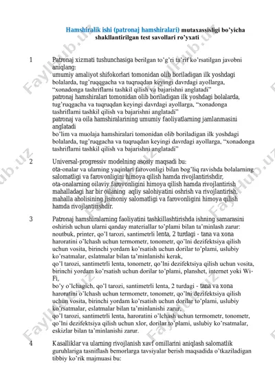 hamshiralik ishi test savollari — PDF