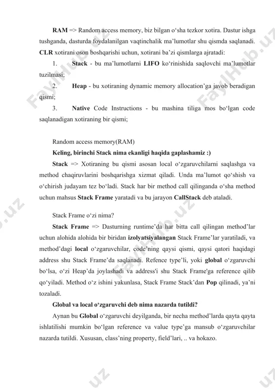 od’da ishlatilgan, va method o'z ishini tugatsa, uning ham yashash vaqti tugaydigan o‘zgaruvchilarga aytilgan. value type bo‘lgan method parametr’lari, .. va hokazo. ya’ni, value type’ga mansub o'zgaruvchilar qayerda yaratilishiga qarab xotira tanlaydi. unuting, "value type’li o'zgaruvchilar faqat stack’da joylashadi" degan gapni :) nega value type’li o'zgaruvchilar heap’da ham joylashishi kerak? nega stack’da joylashavermaydi ular? bir value type’ga doir bo‘lgan o‘zgaruvchi heap’da joylashishi uchun u bir nechta method’larda bir necha marta ishlatilishi kerak bo‘ladi. yuqorida aytganimday, stack frame’lar bir biridan izolyatsiyalangan bo‘ladi. bu shuni anglatadiki, siz birinchi method’da ishlatilgan o‘zgaruvchingizni ikkinchi method’da ishlata olmaysiz. shu sababdan global value type bo‘lgan o‘zgaruvchilar ham heap’da saqlanadi, har qaysi stack frame uchun uni address’i reference qilib qo‘yiladi va bu sizga sizning global o‘zgaruvchingizni istalgan method’ingizda, istalgan marotaba ishlatish imkonini beradi. stack’dan stack frame’ni pop qilish jarayoni qanday bo‘ladi? yuqorida aytganimdek, method o‘z ishini yakunlasa, stack frame’ham stack’dan pop qilinadi va shu bilan birgalikda, method’da …